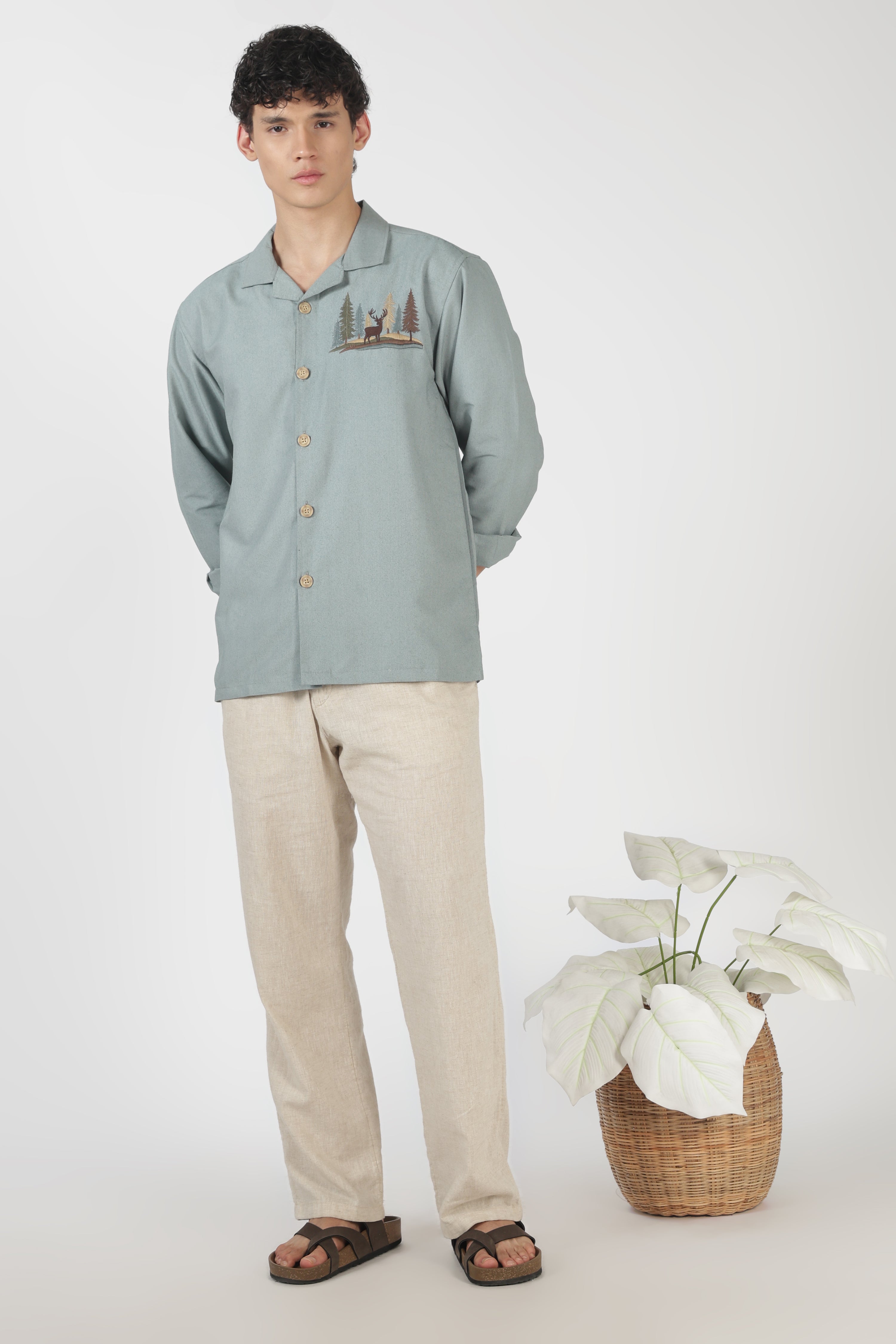 Timber Trail Stag Cotton Box Fit Sky Blue Embroidered Shirt