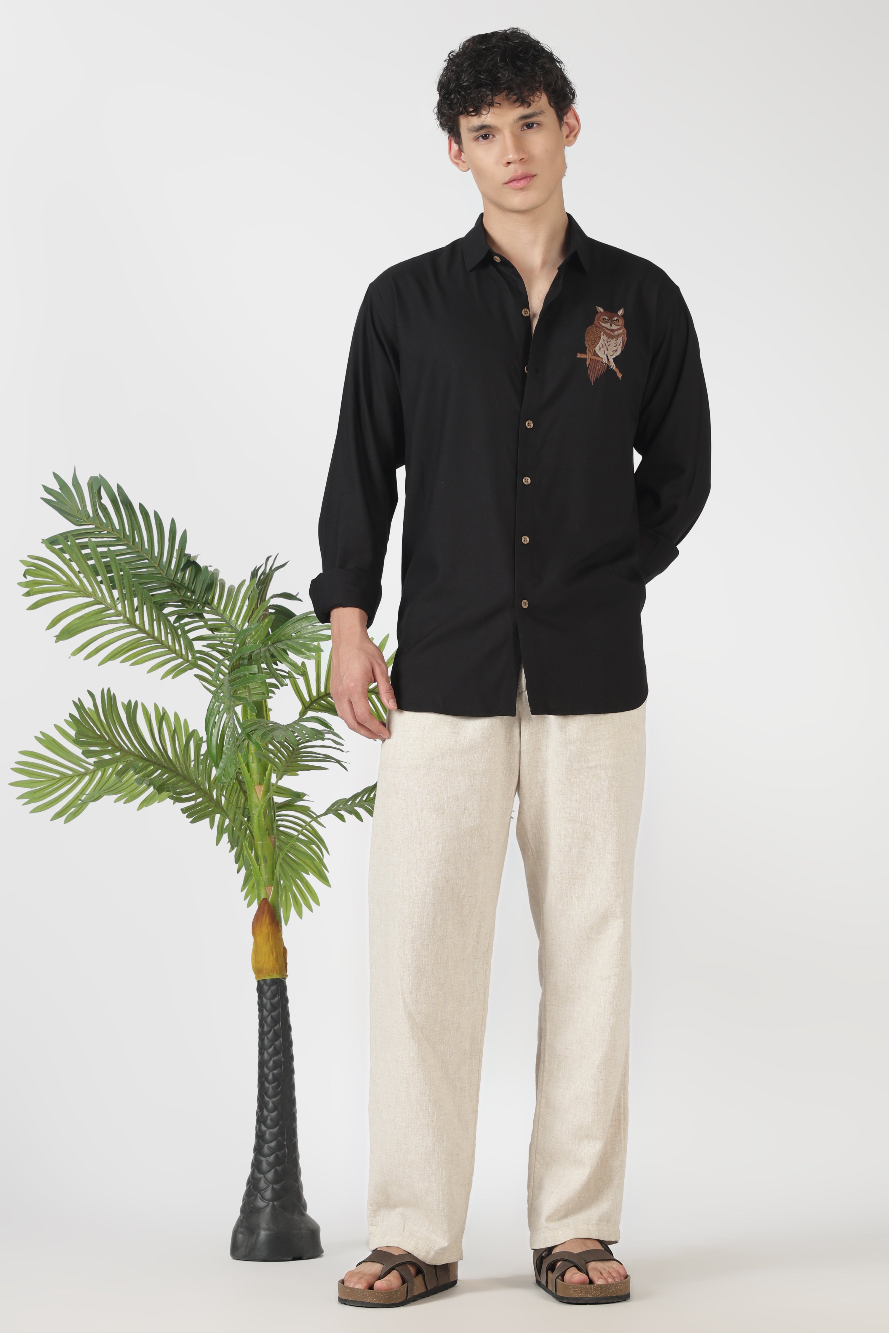 Nocturnal Owl Cotton Regular Fit Black Embroidered Shirt