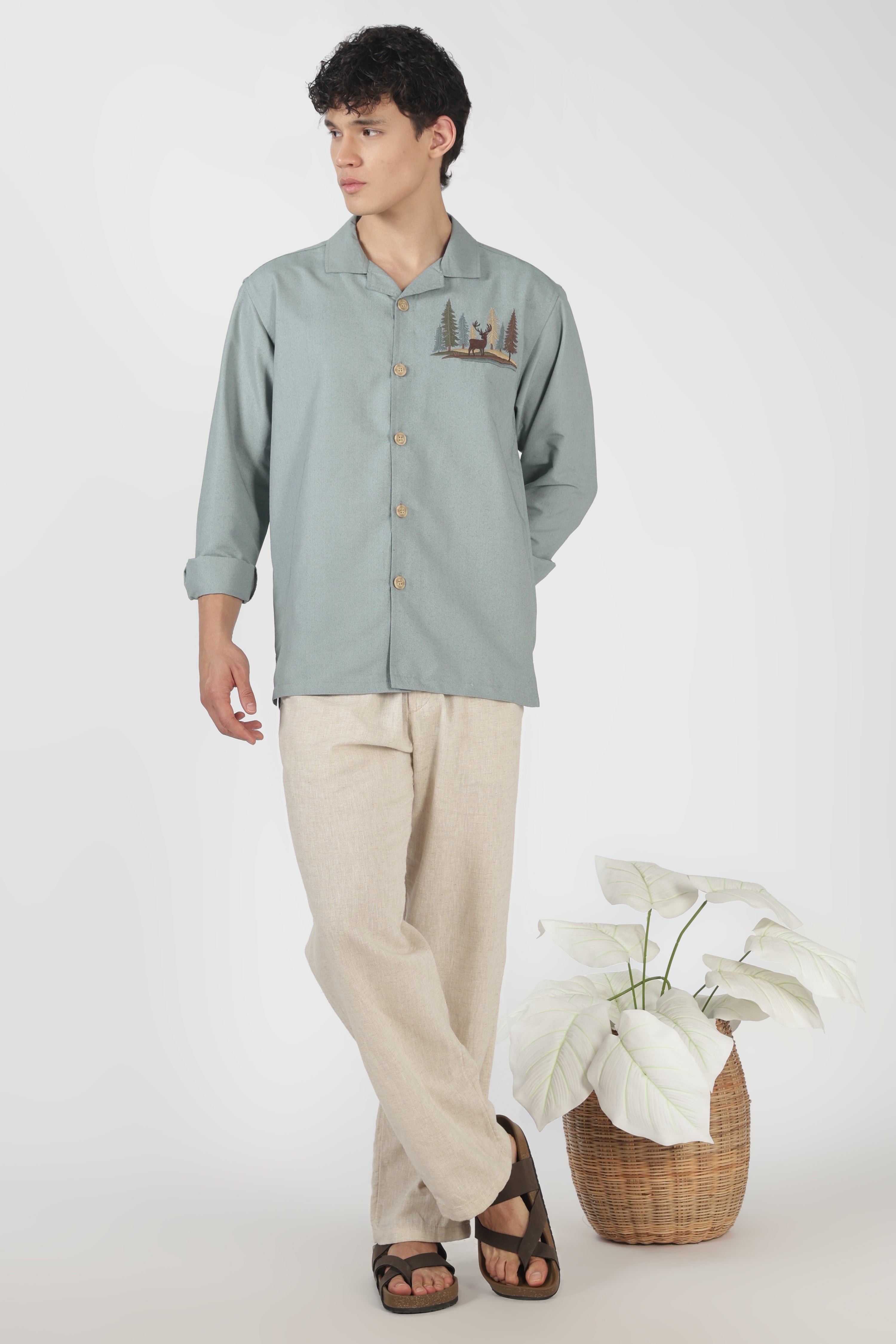 Timber Trail Stag Cotton Box Fit Sky Blue Embroidered Shirt