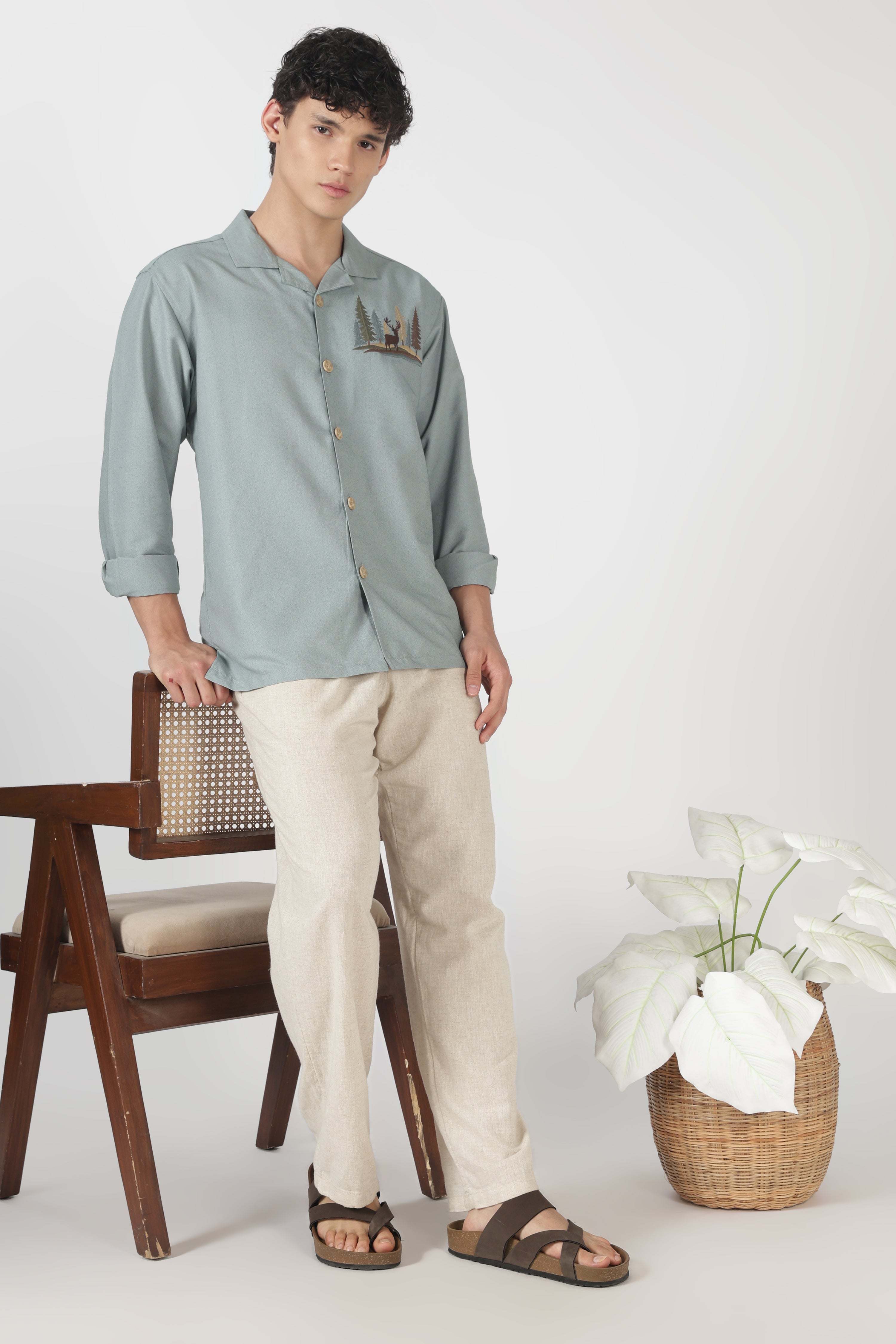 Timber Trail Stag Cotton Box Fit Sky Blue Embroidered Shirt