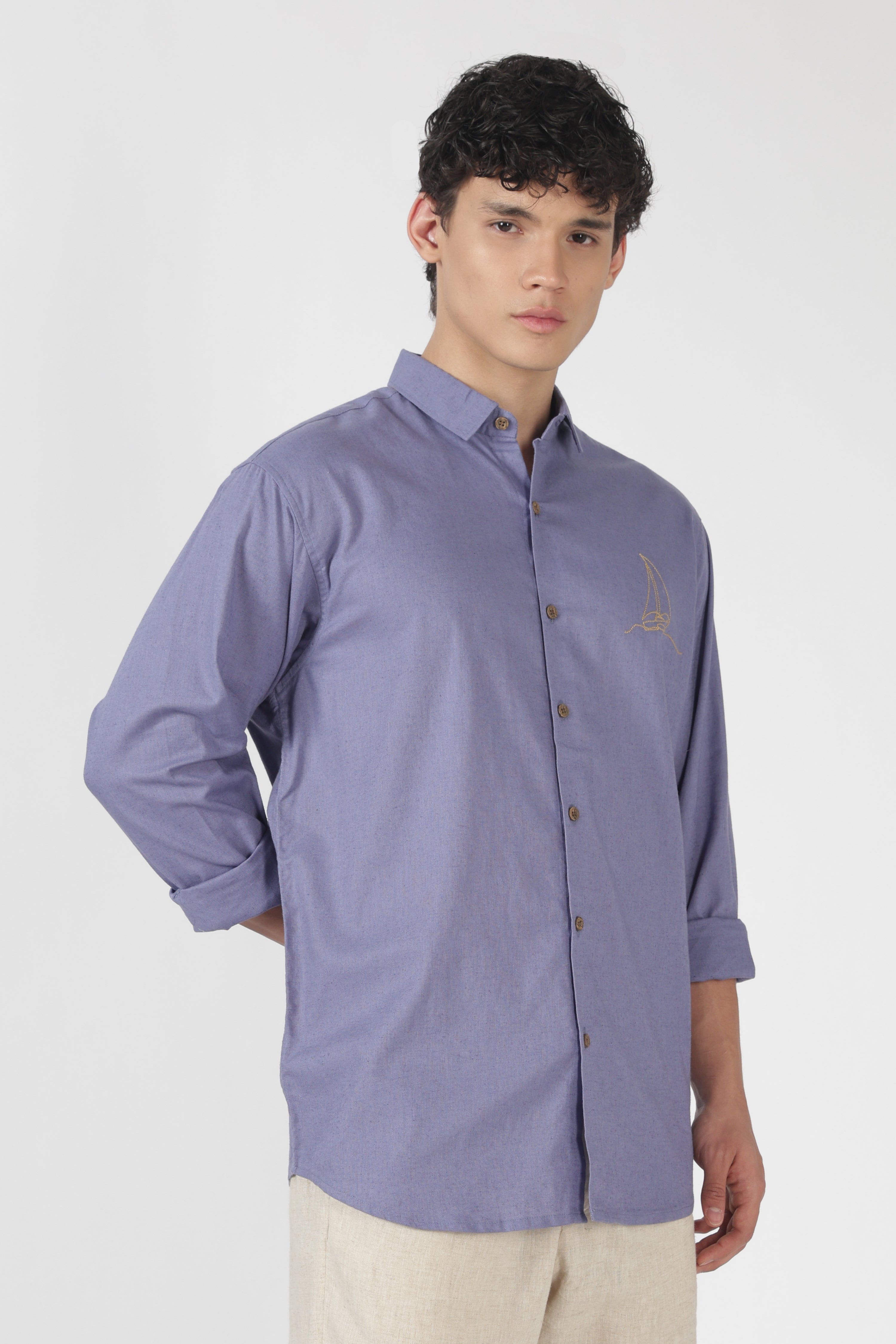 Drift Sail Cotton Regular Fit Purple Embroidered Shirt
