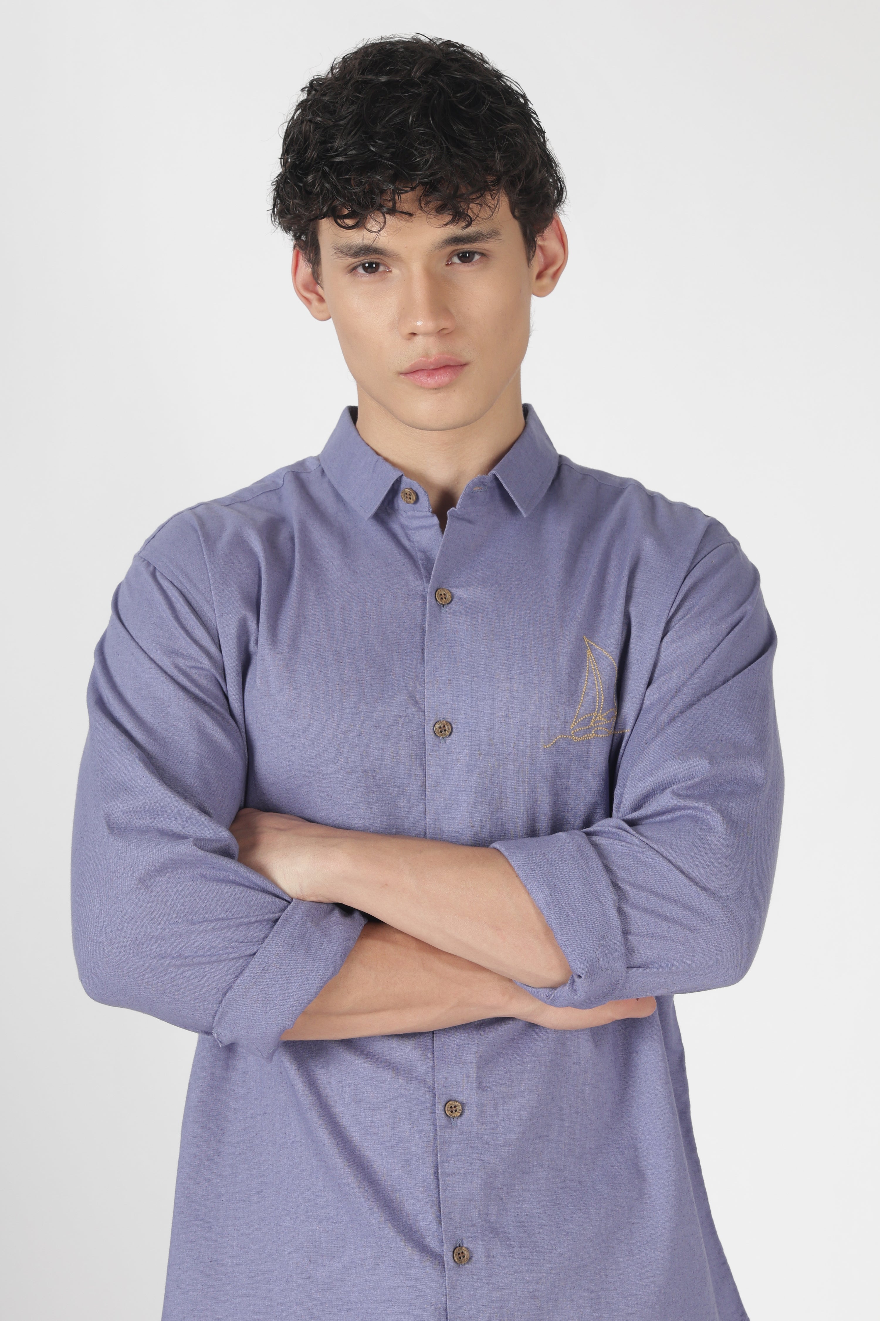 Drift Sail Cotton Regular Fit Purple Embroidered Shirt