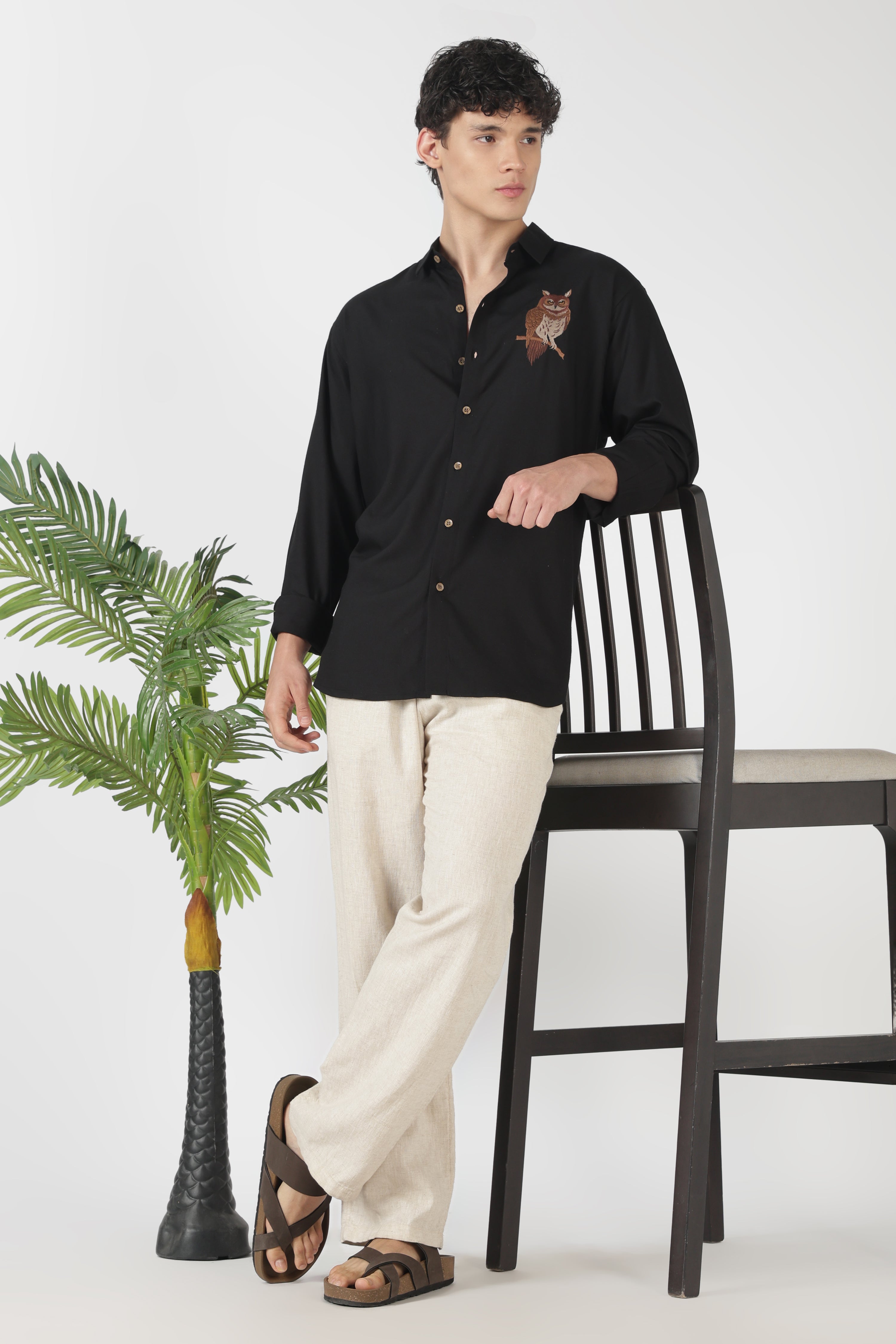 Nocturnal Owl Cotton Regular Fit Black Embroidered Shirt
