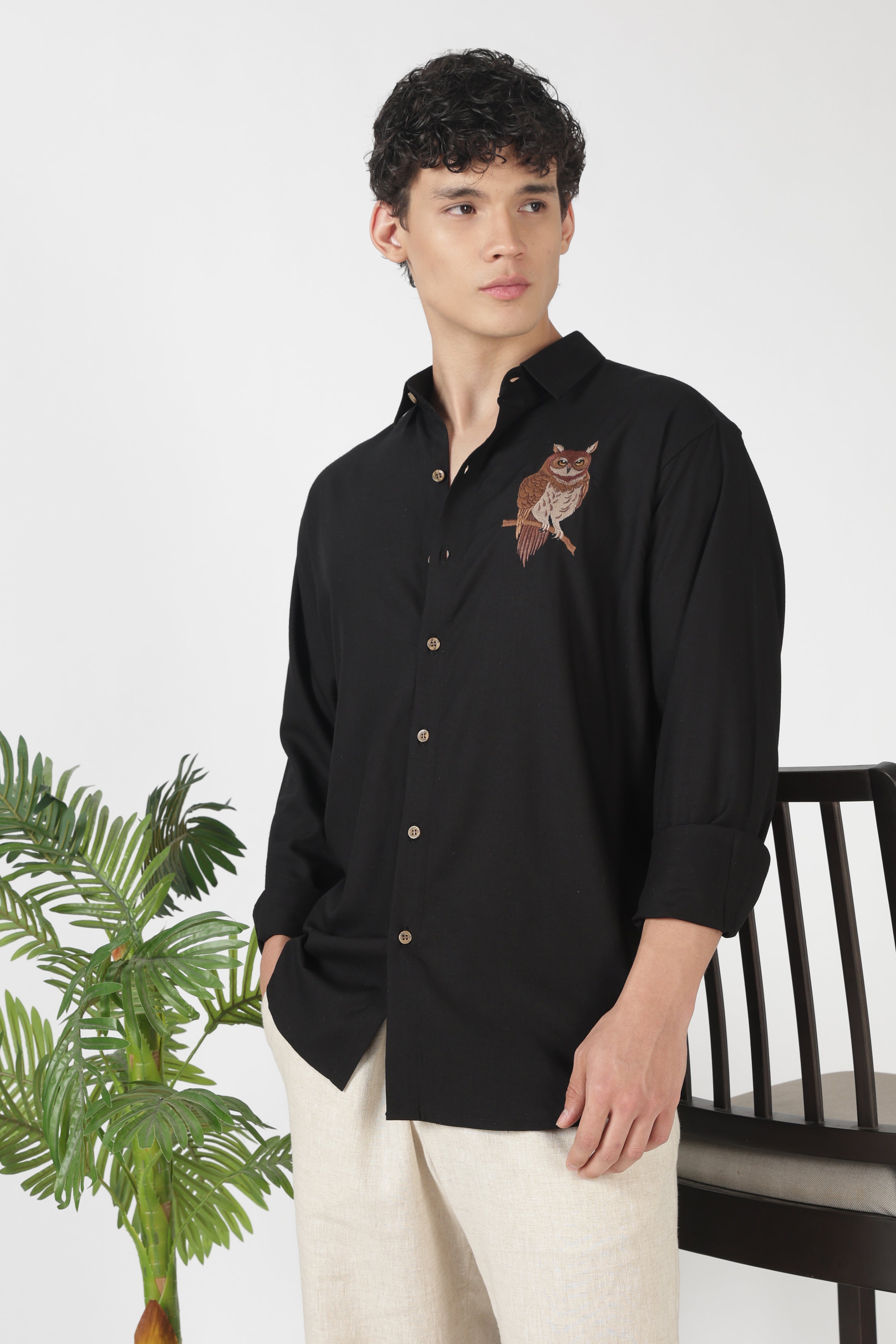 Nocturnal Owl Cotton Regular Fit Black Embroidered Shirt