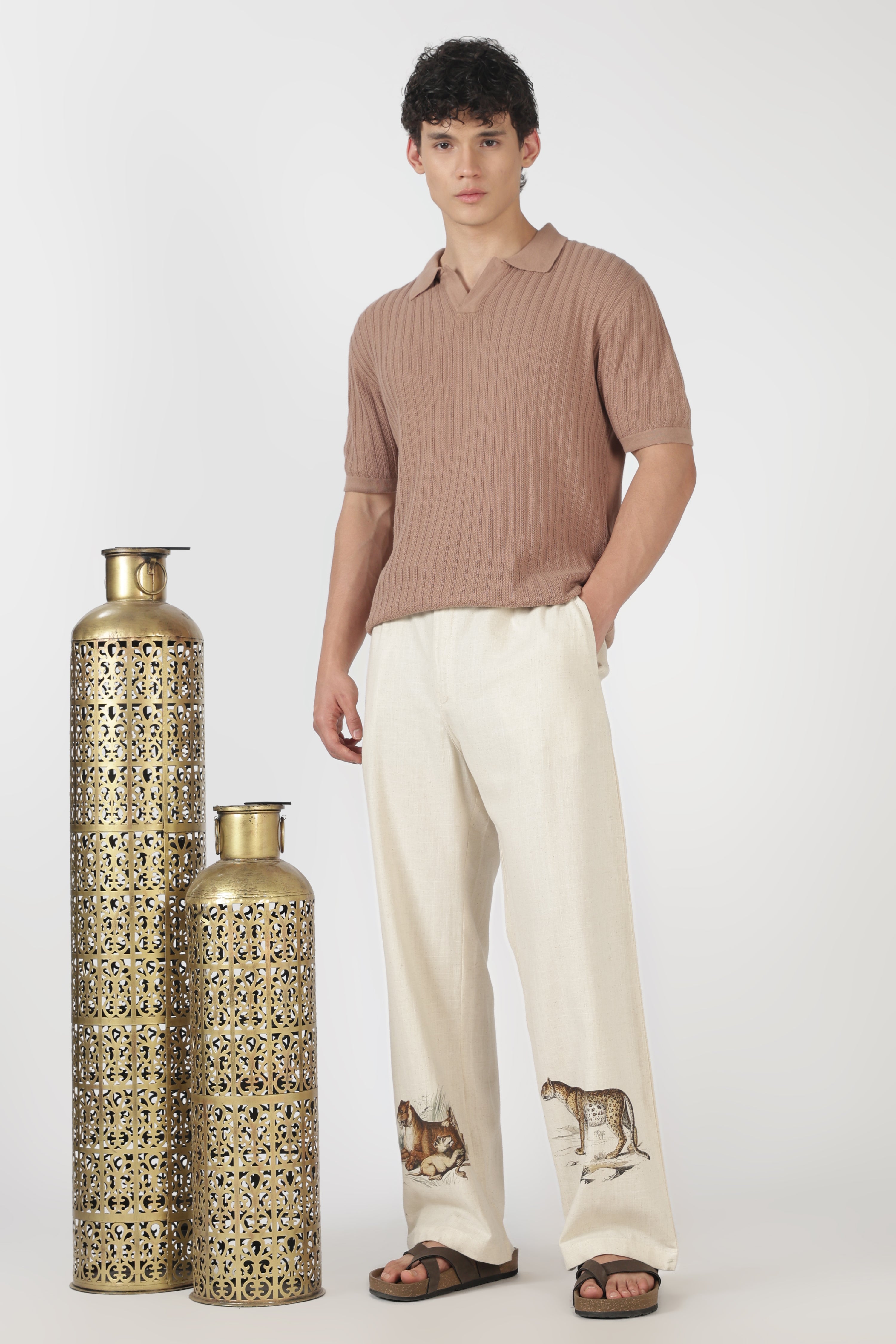 Savannah Trail Linen Style Relaxed Fit Beige Printed Pant