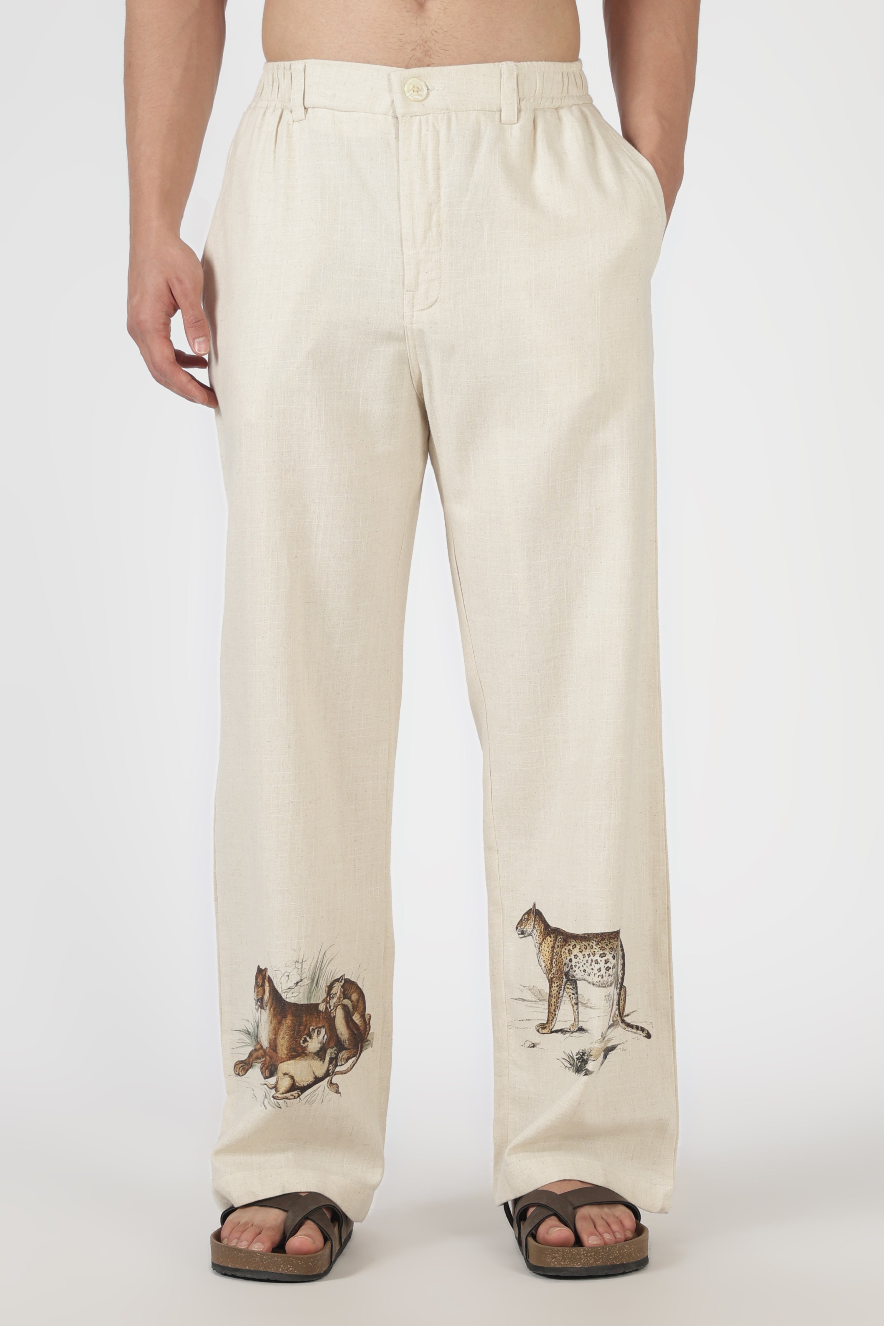 Savannah Trail Linen Style Relaxed Fit Beige Printed Pant