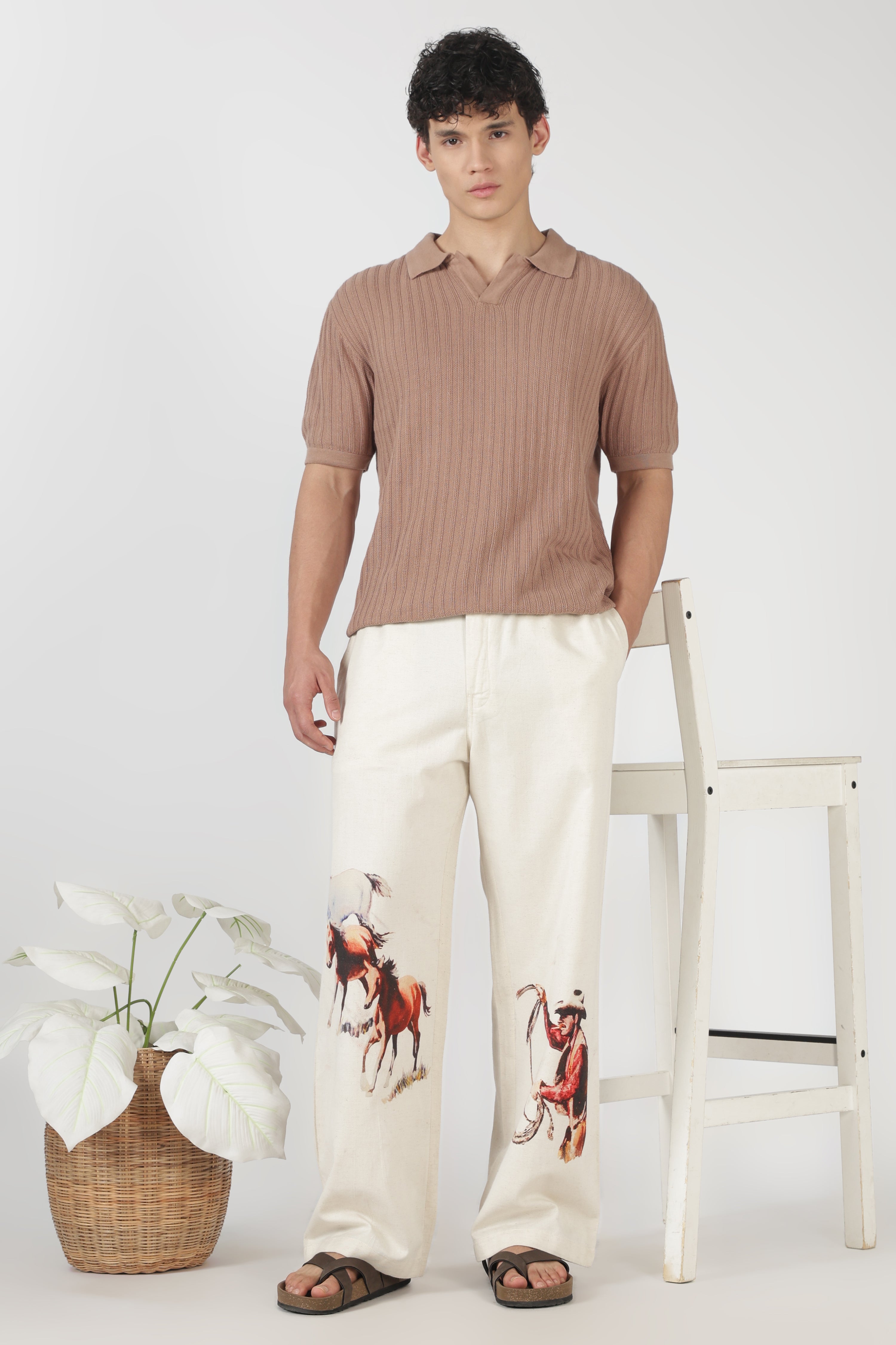Frontier Spirit Linen Blend Relaxed Fit Beige Printed Pant