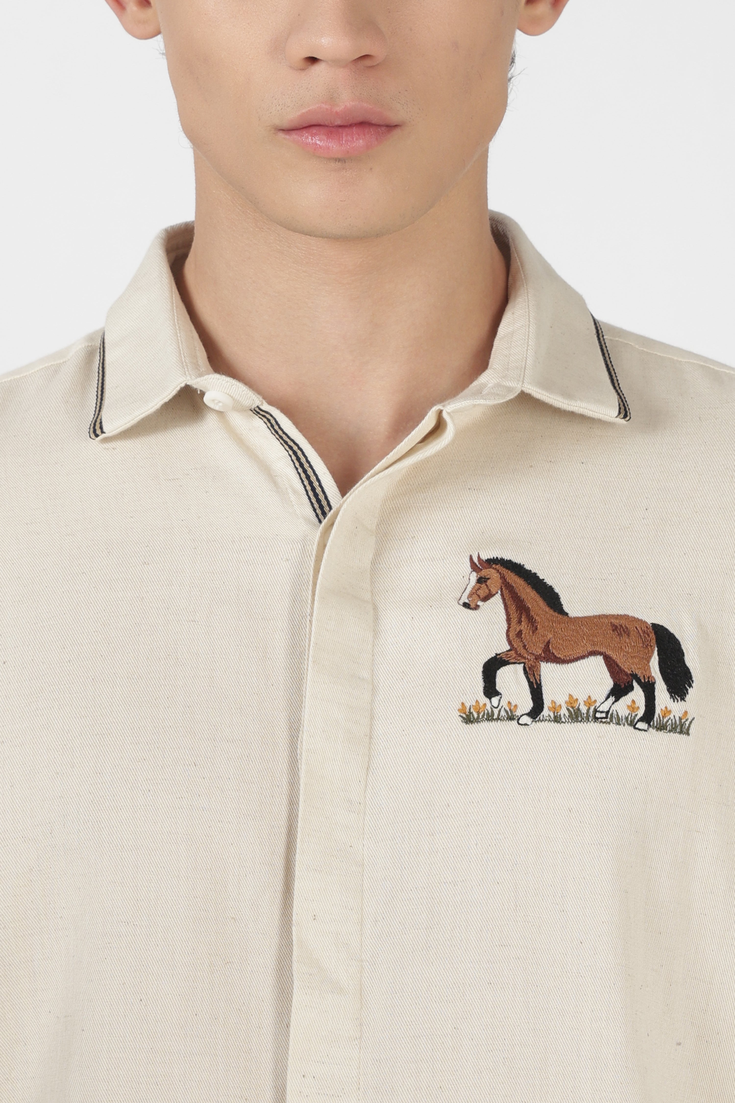 Majestic Horse Cotton Regular Fit Beige Embroidered Shirt