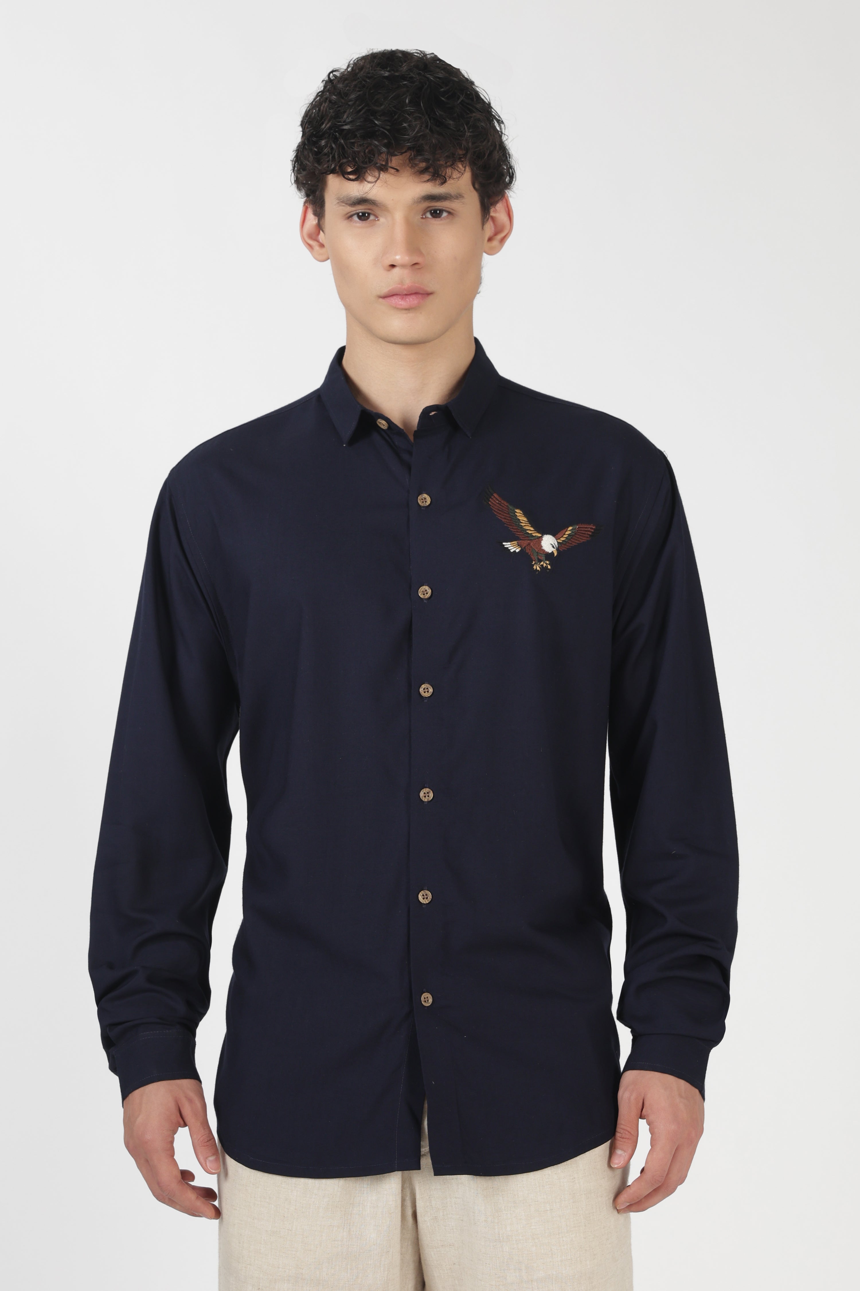 Striking Eagle Cotton Regular Fit Blue Embroidered Shirt