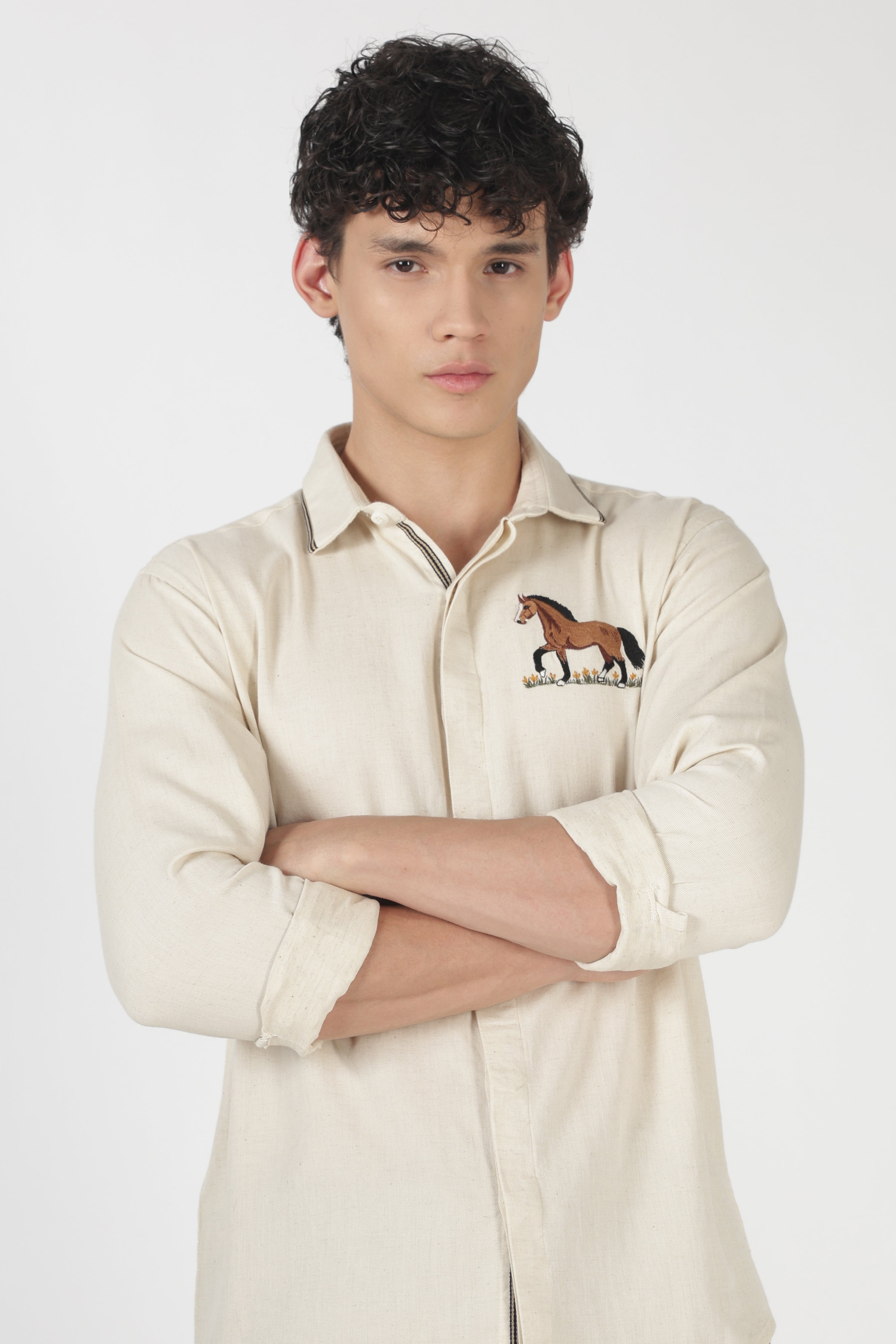 Majestic Horse Cotton Regular Fit Beige Embroidered Shirt