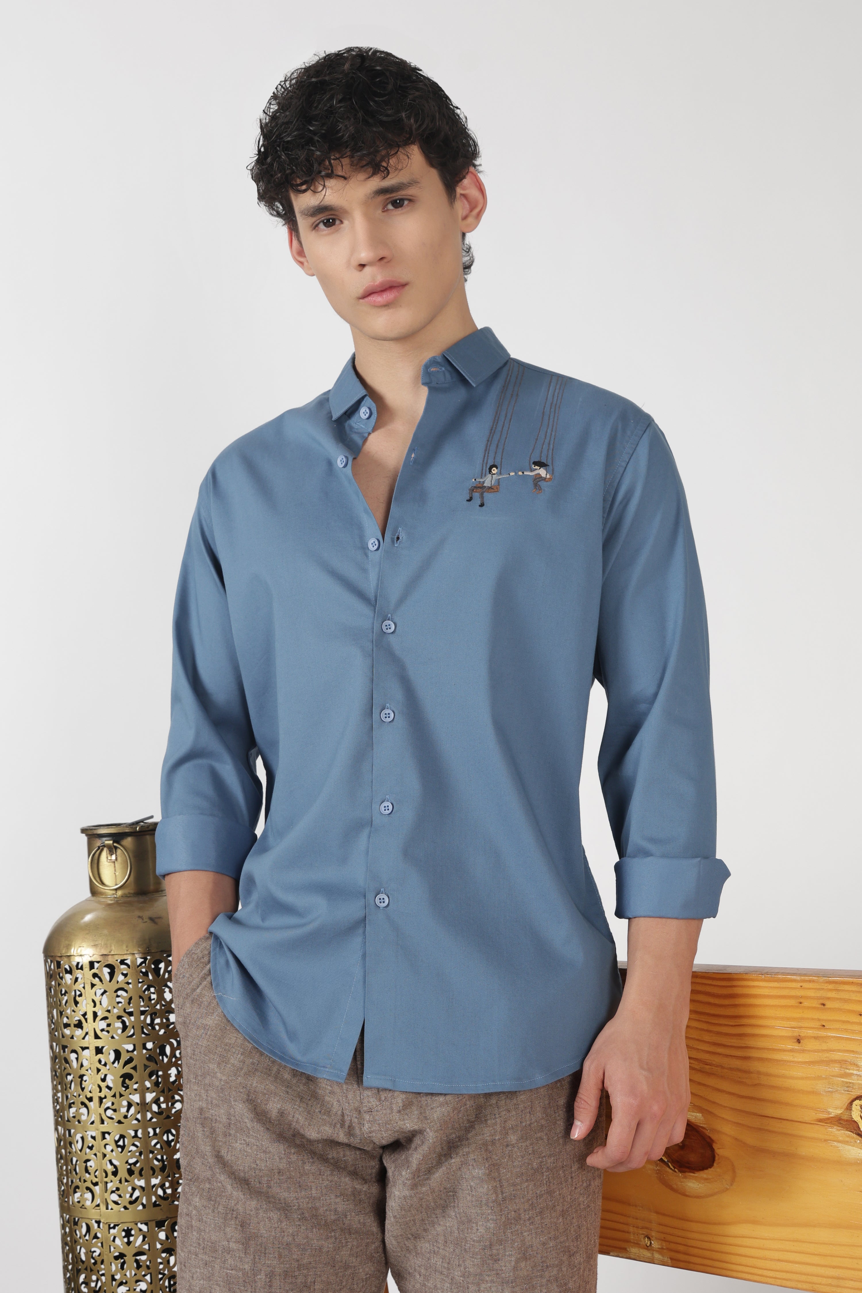 Playful Swing Couple Cotton Regular Fit Blue Embroidered Shirt