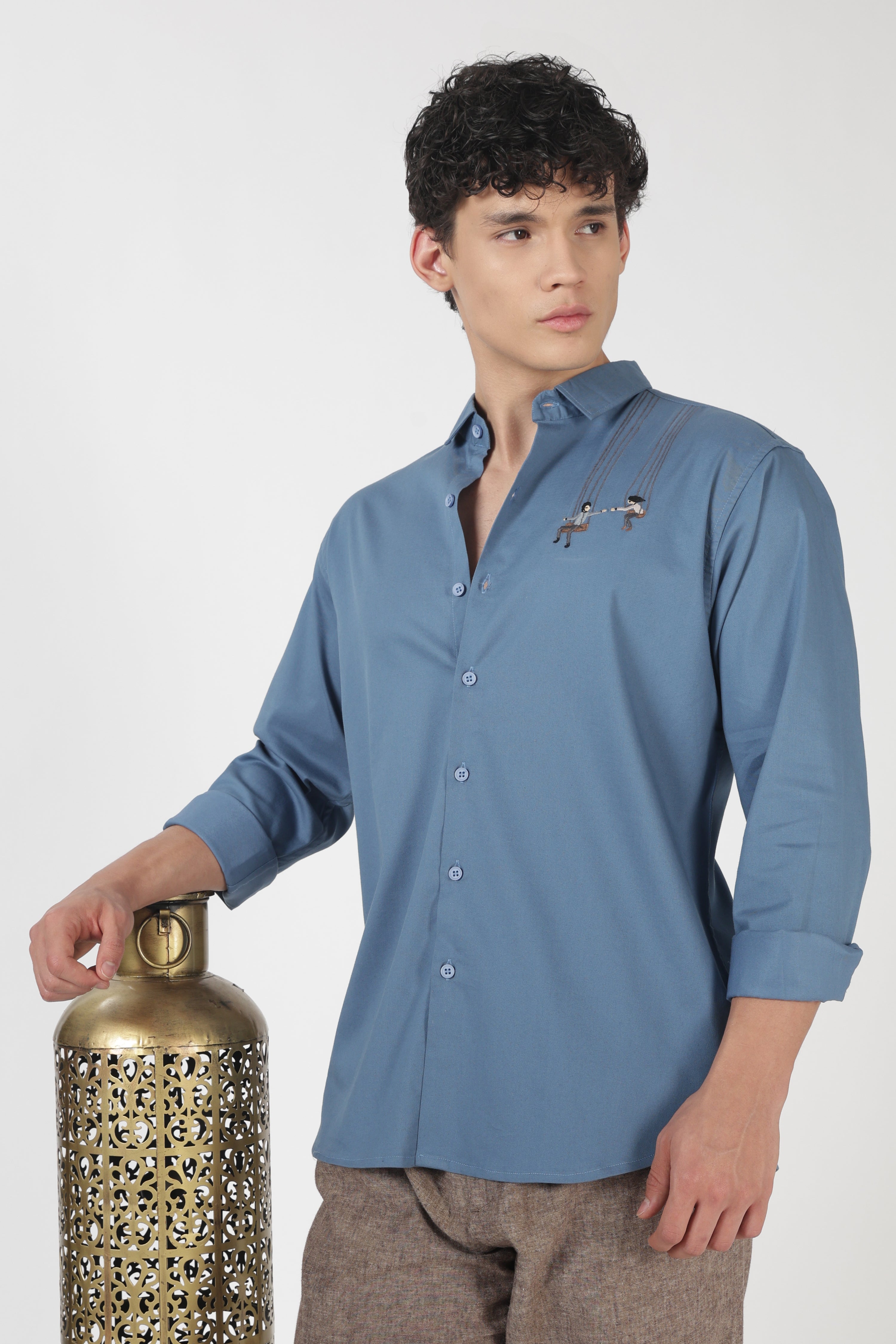 Playful Swing Couple Cotton Regular Fit Blue Embroidered Shirt