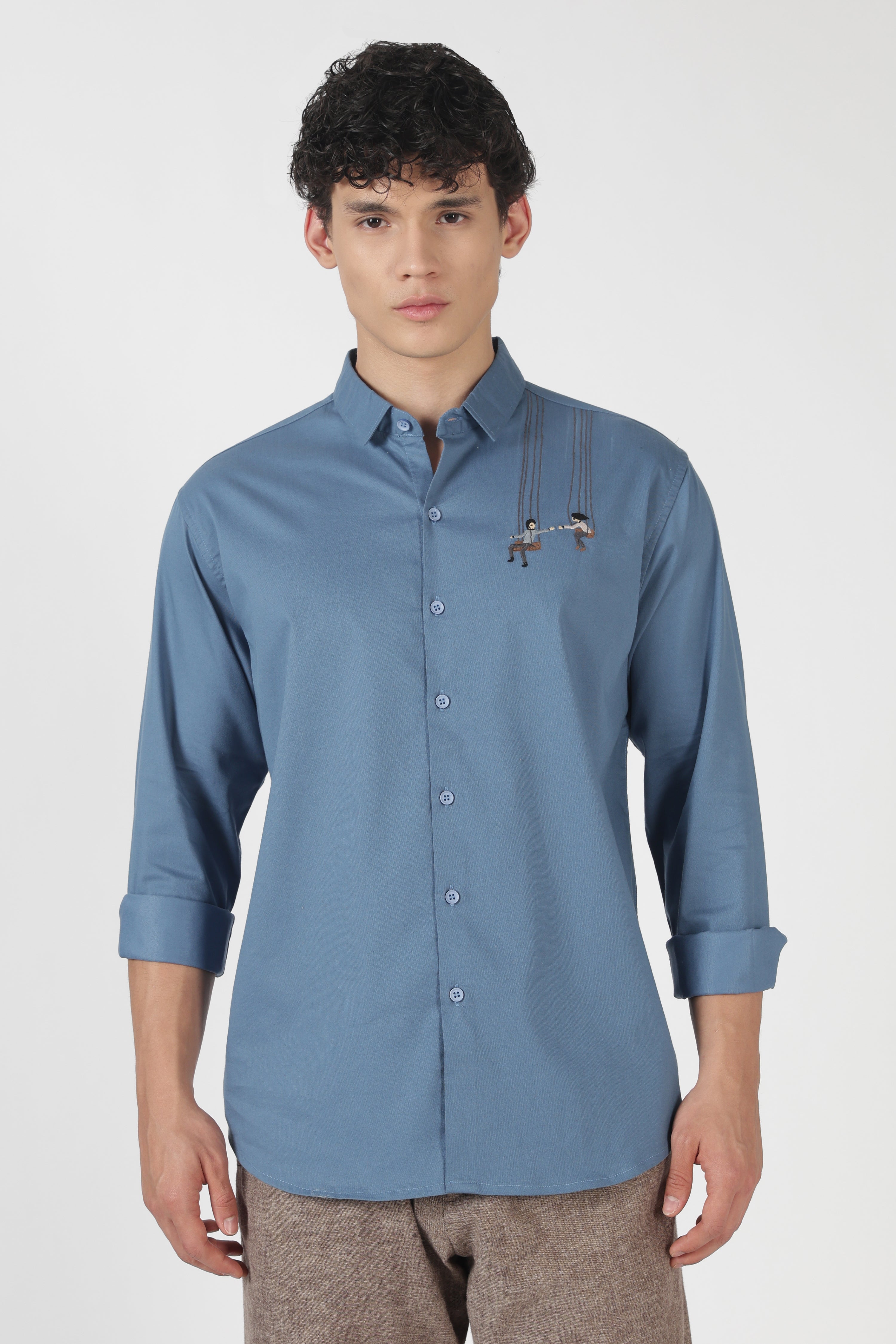 Playful Swing Couple Cotton Regular Fit Blue Embroidered Shirt