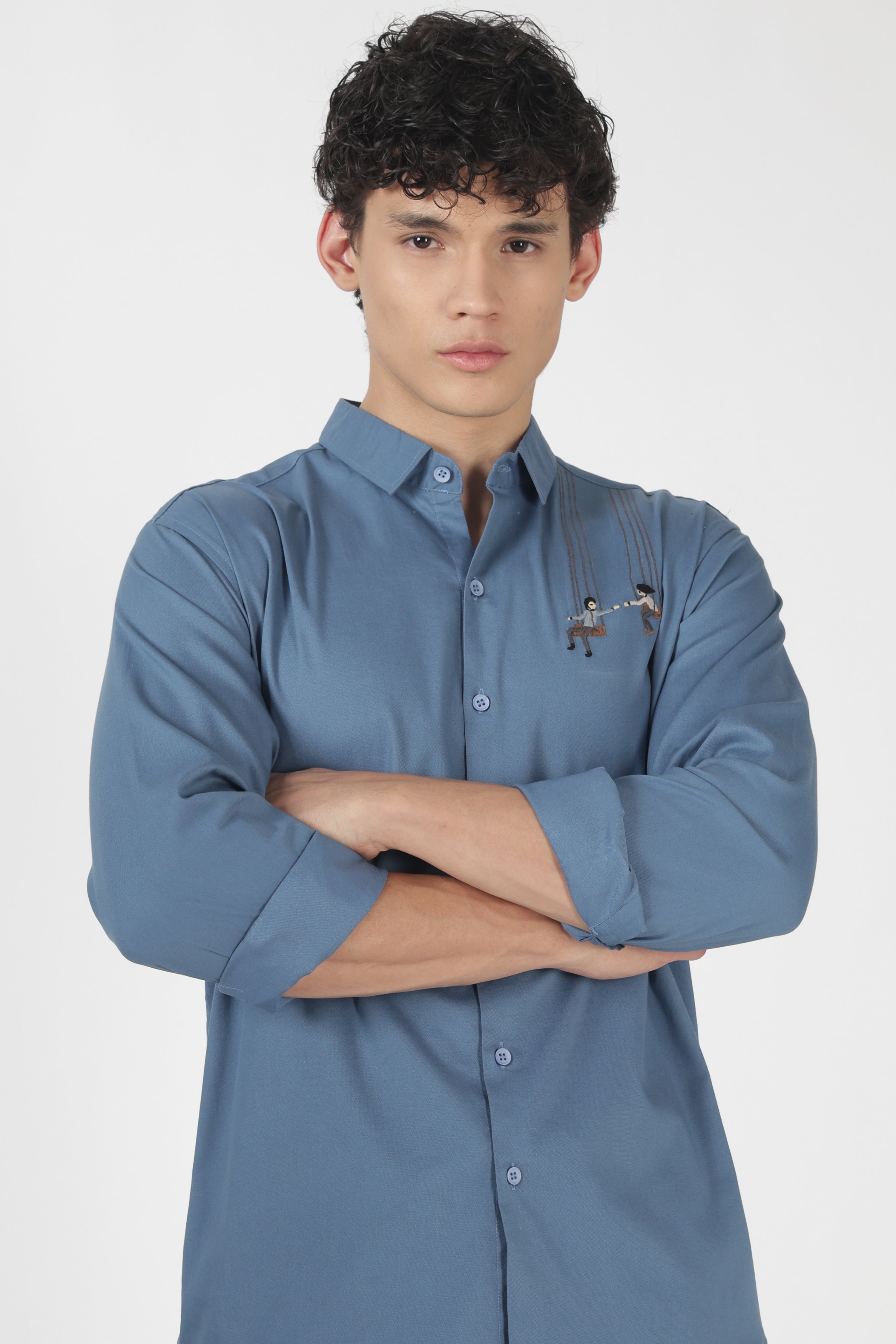 Playful Swing Couple Cotton Regular Fit Blue Embroidered Shirt