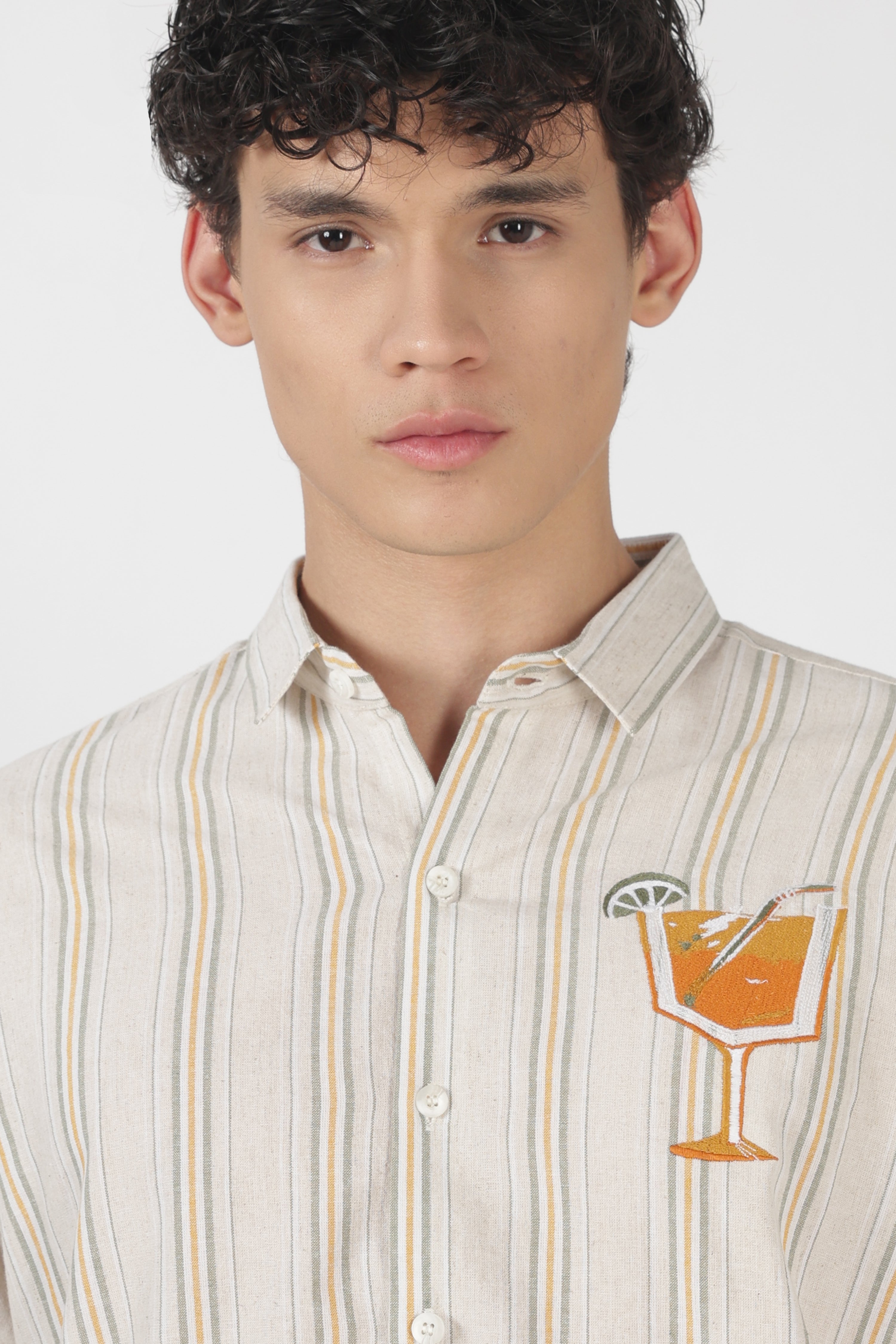 Citrus Spritz Cotton Regular Fit Beige Embroidered Shirt