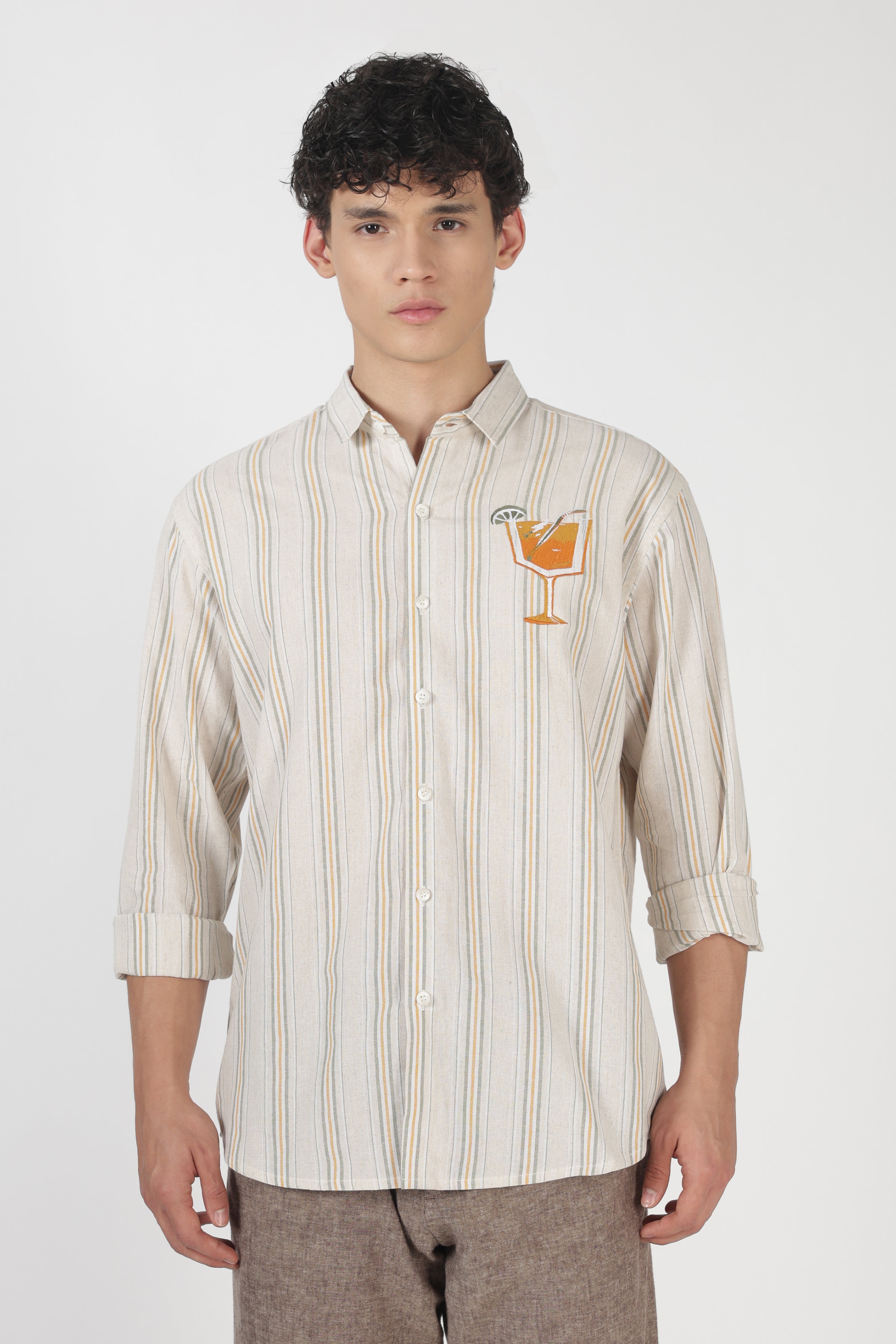 Citrus Spritz Cotton Regular Fit Beige Embroidered Shirt