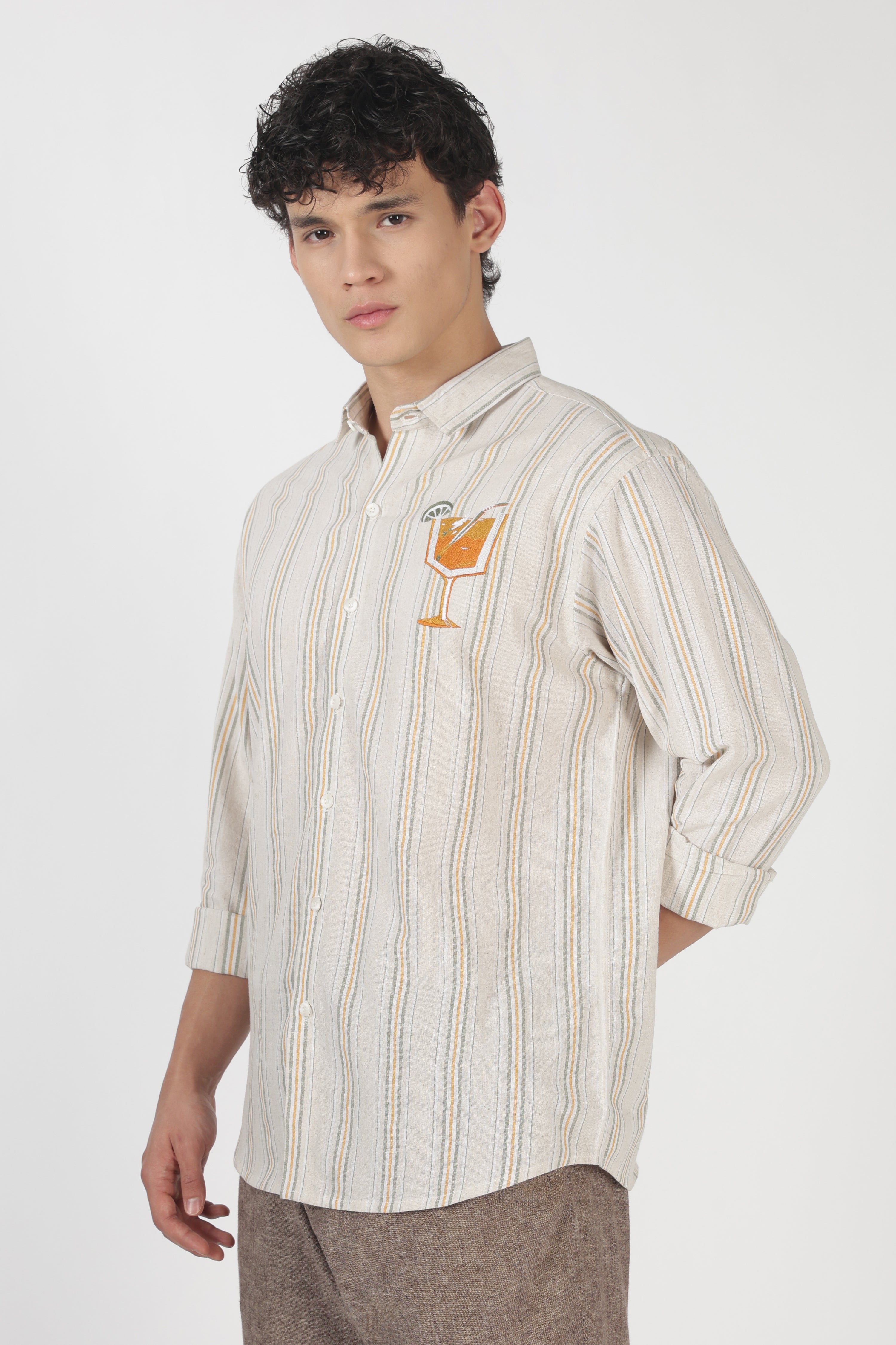 Citrus Spritz Cotton Regular Fit Beige Embroidered Shirt
