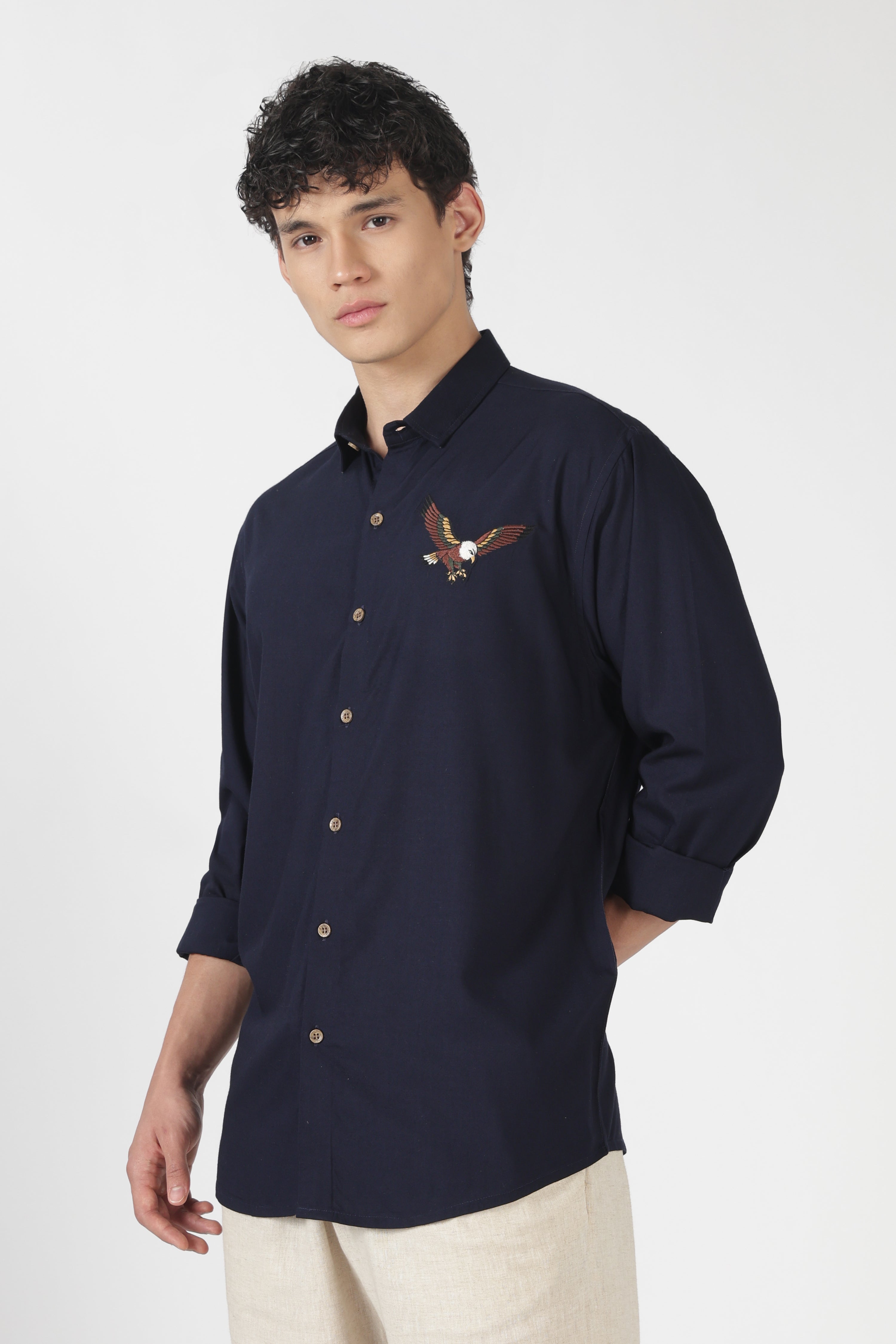 Striking Eagle Cotton Regular Fit Blue Embroidered Shirt