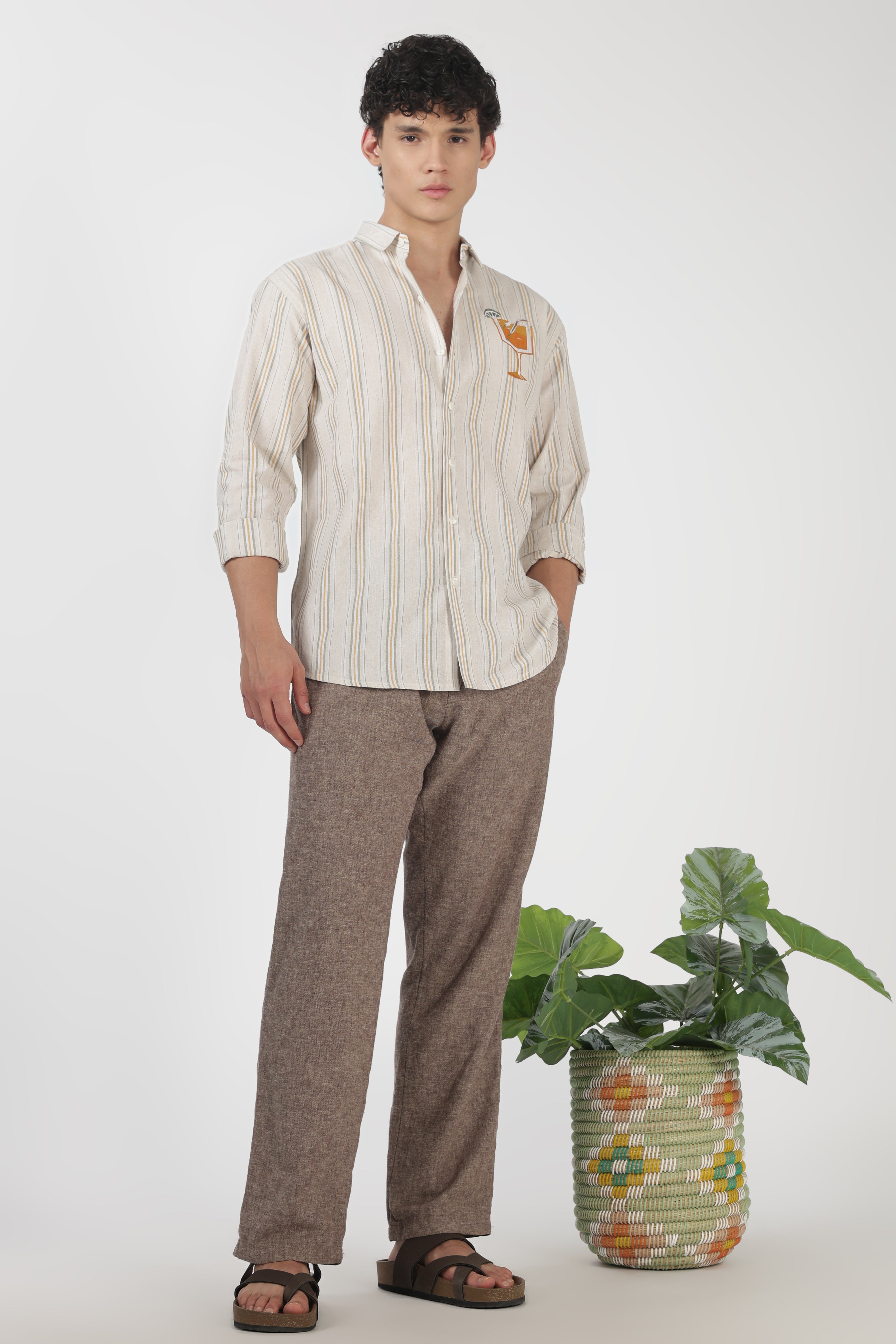 Citrus Spritz Cotton Regular Fit Beige Embroidered Shirt