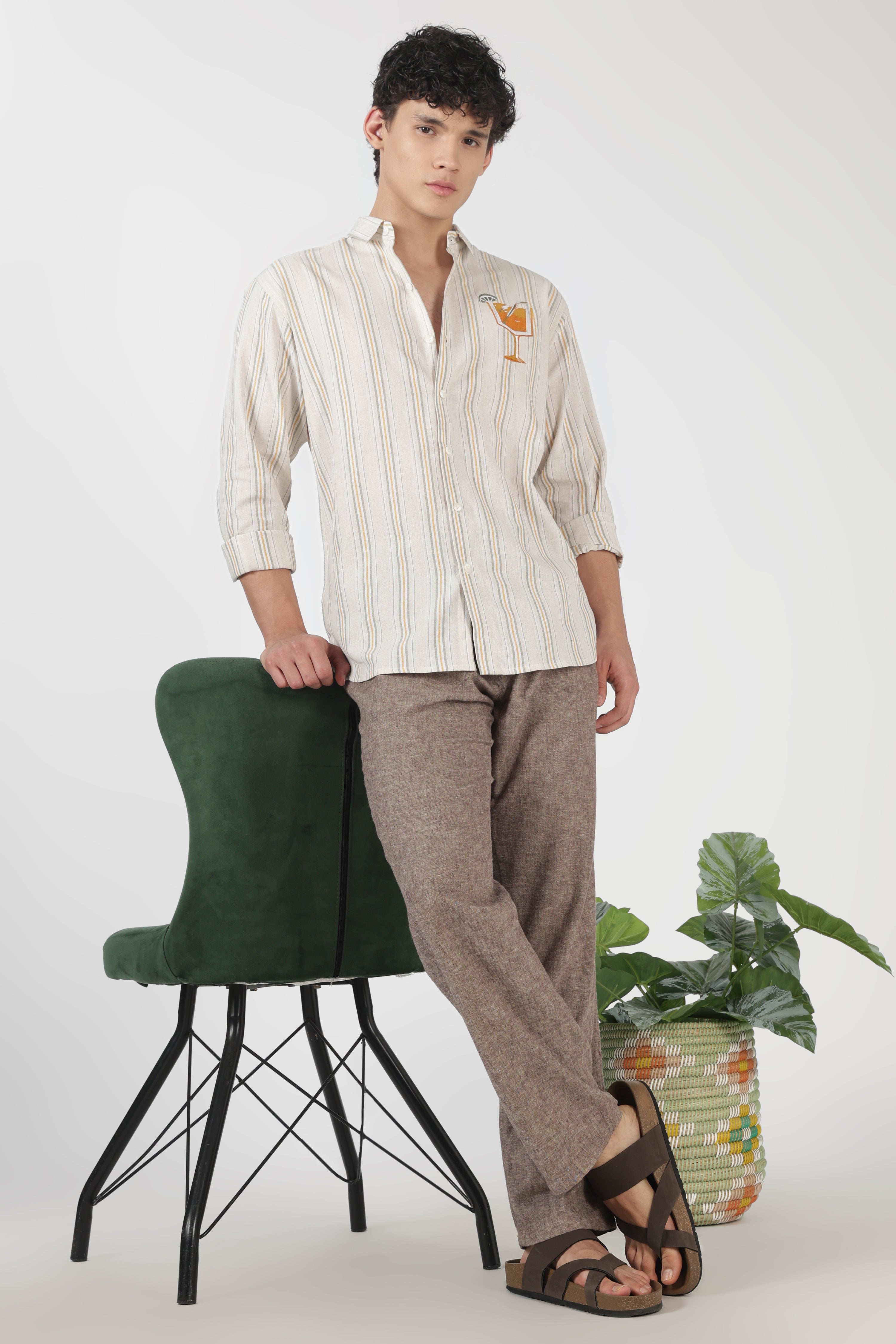 Citrus Spritz Cotton Regular Fit Beige Embroidered Shirt