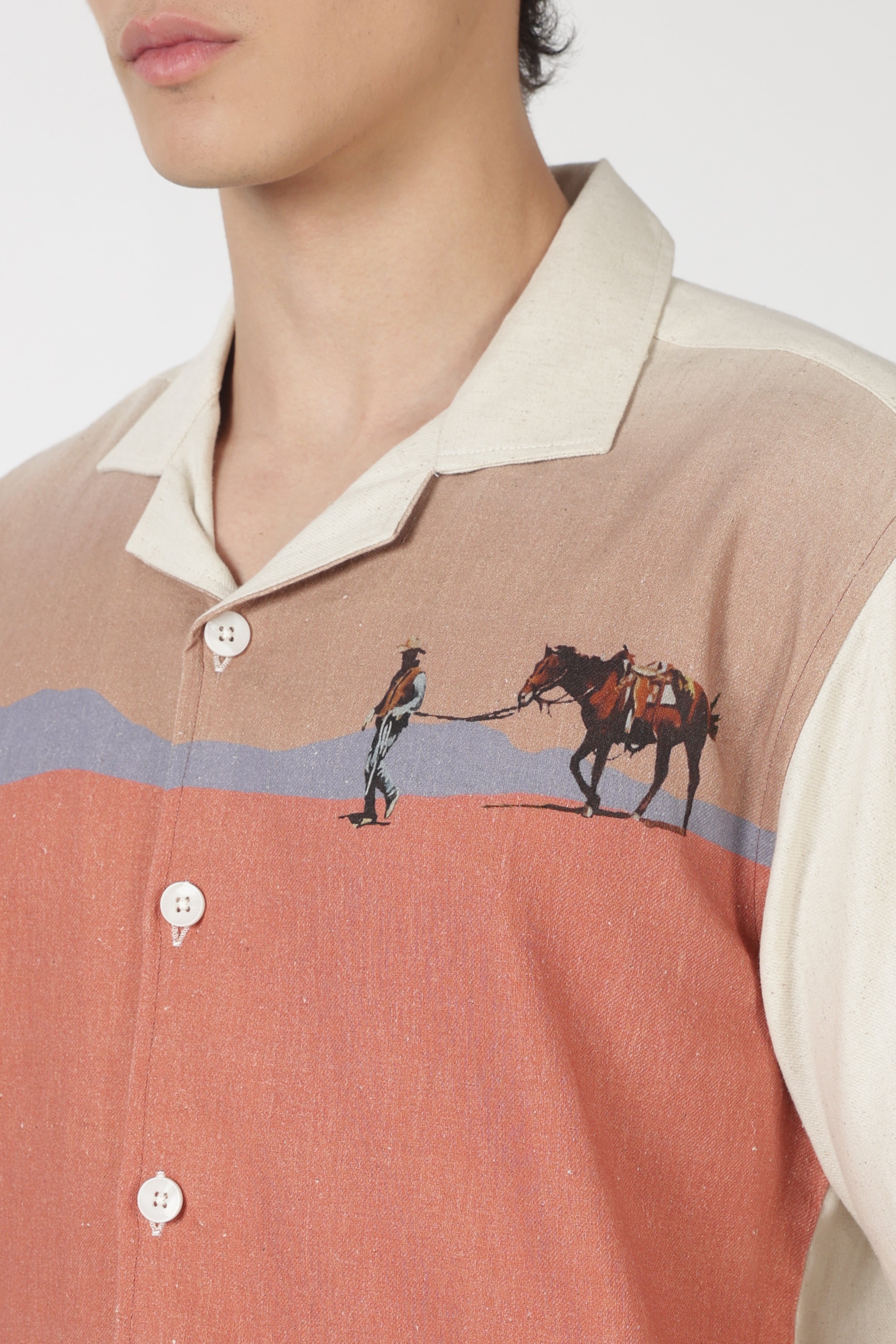 Desert Caravan Cotton Box Fit Beige Printed Shirt