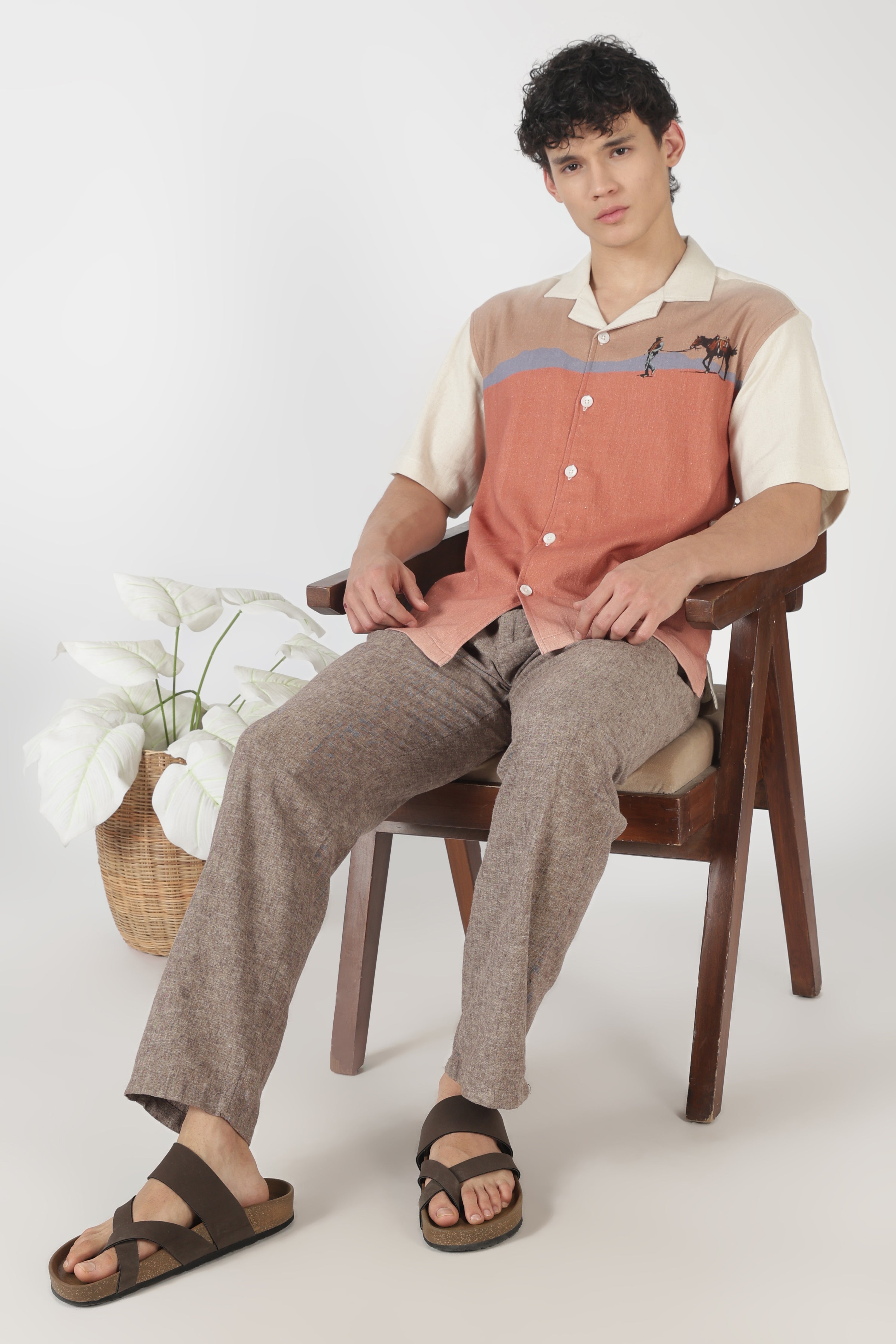 Desert Caravan Cotton Box Fit Beige Printed Shirt