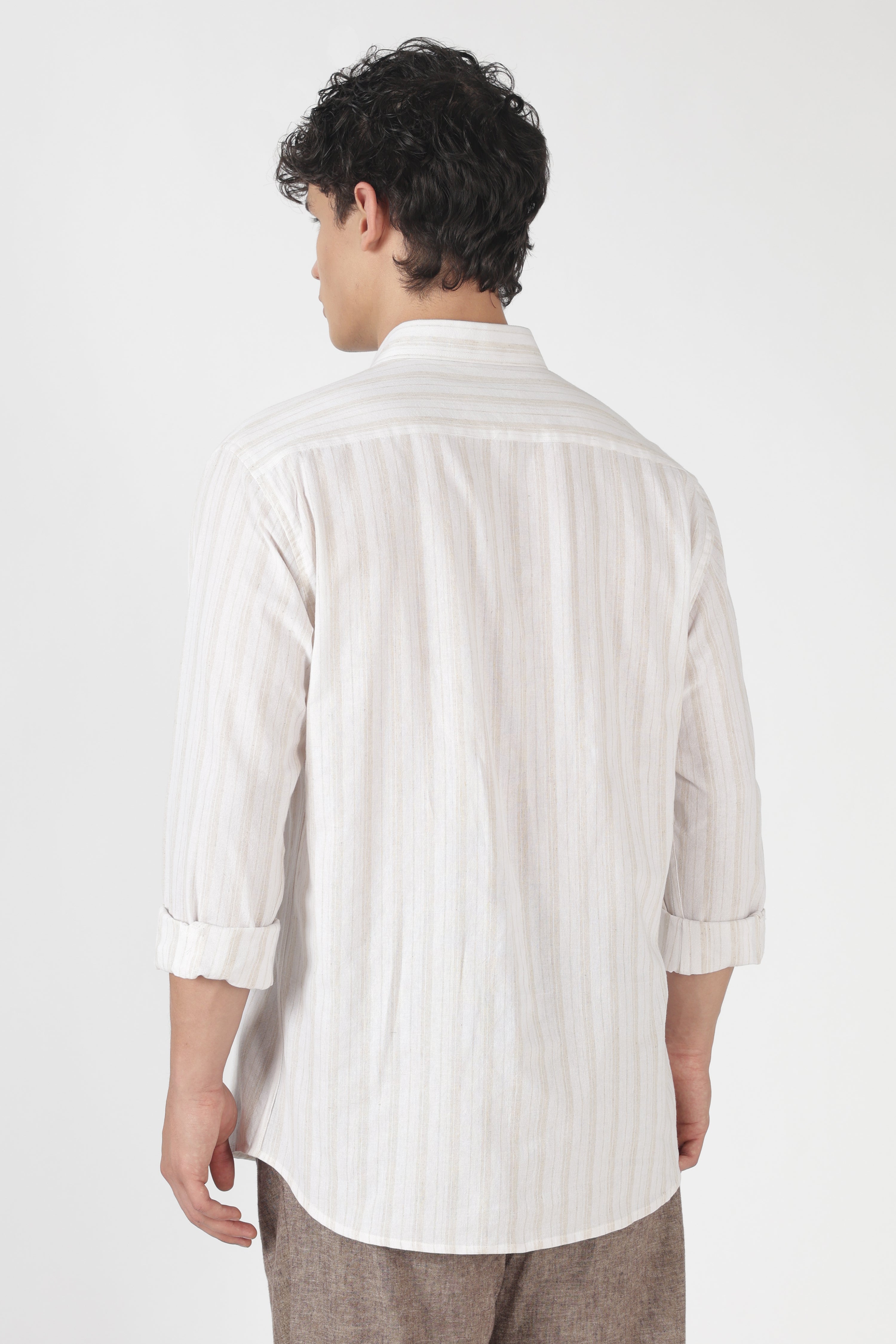 Summit Trails Cotton Regular Fit Off White Striped Embroidered Shirt