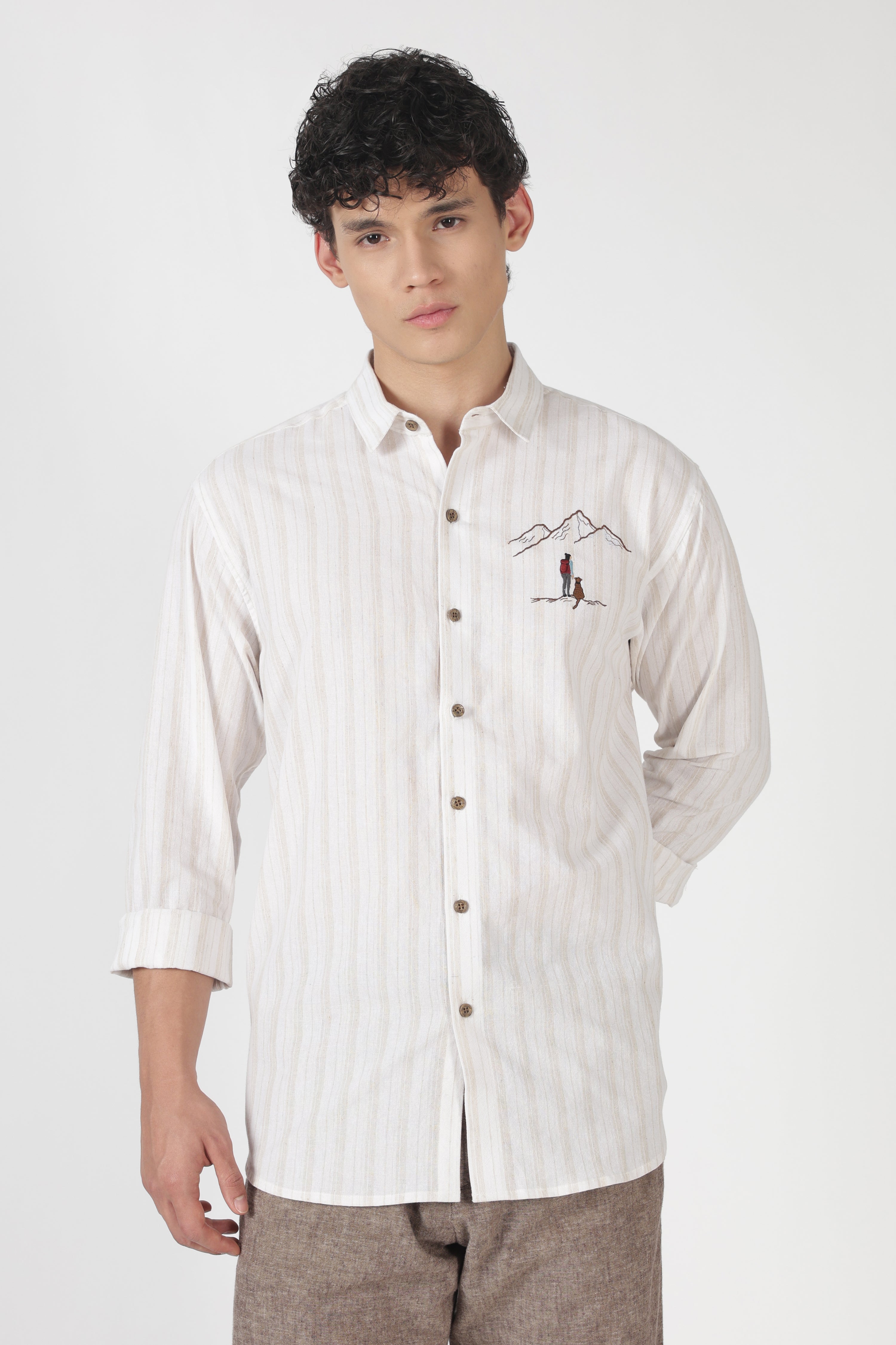 Summit Trails Cotton Regular Fit Off White Striped Embroidered Shirt