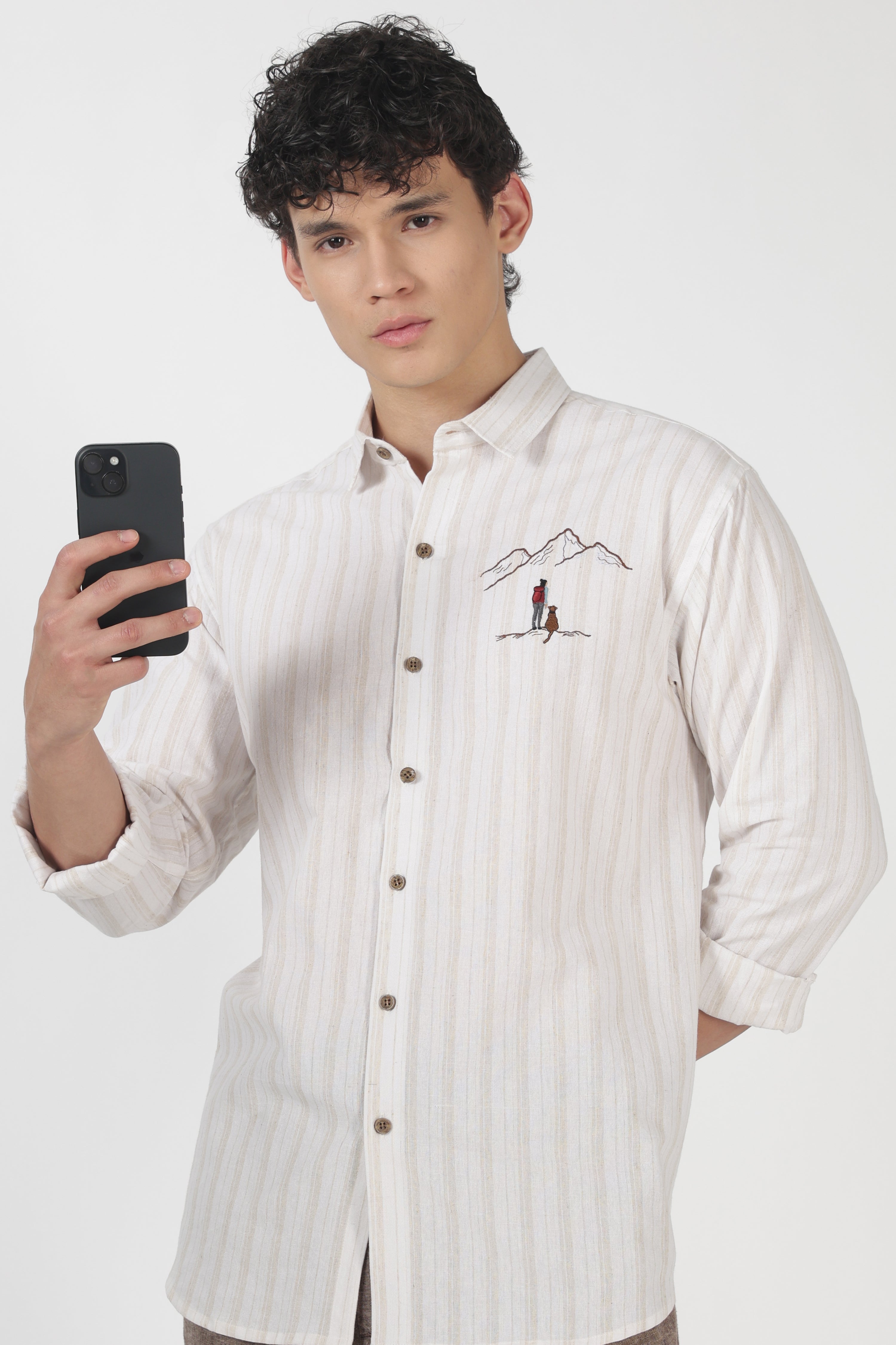 Summit Trails Cotton Regular Fit Off White Striped Embroidered Shirt