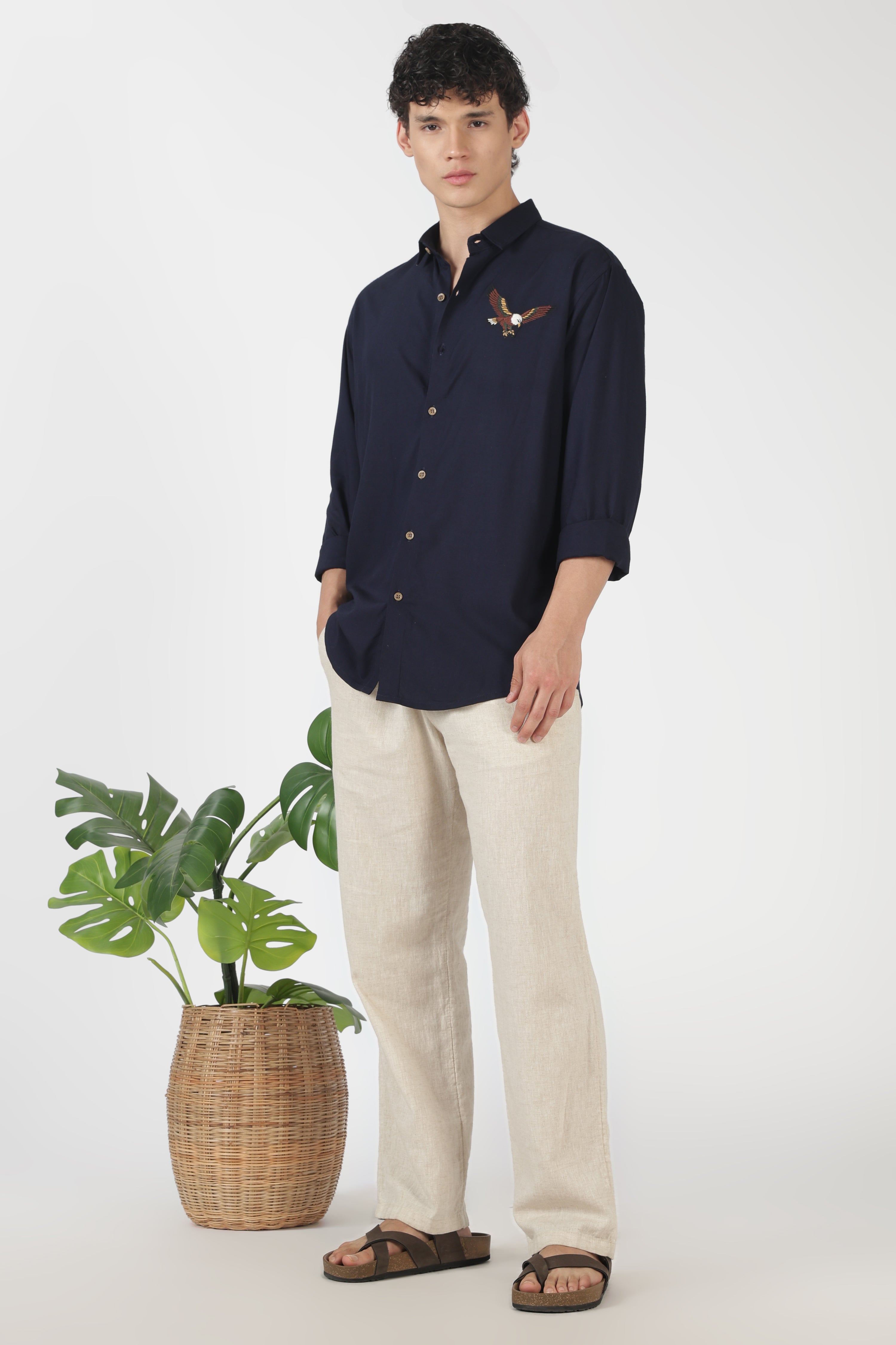 Striking Eagle Cotton Regular Fit Blue Embroidered Shirt