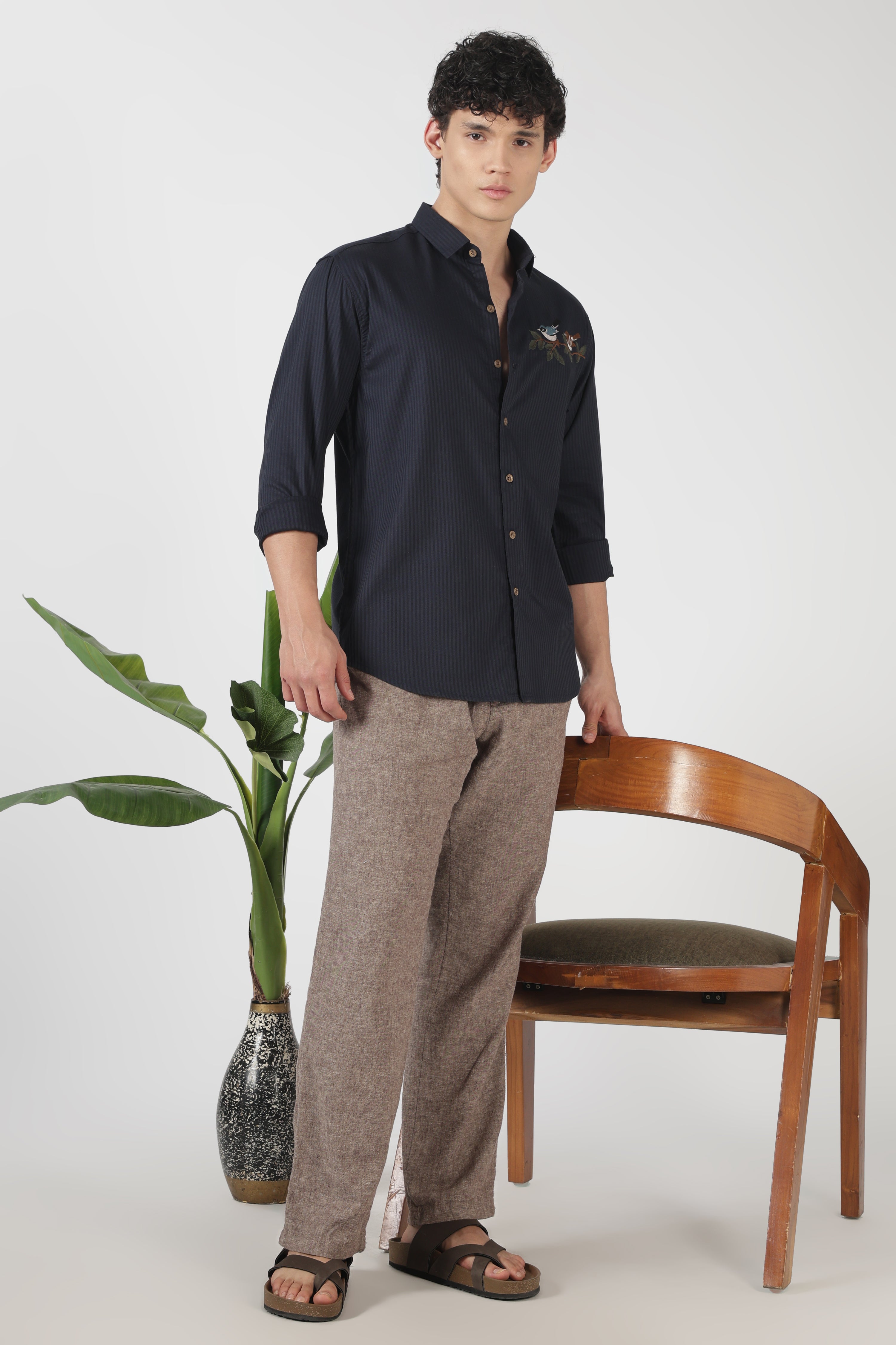 Songbird Perch Cotton Regular Fit Navy Striped Embroidered Shirt