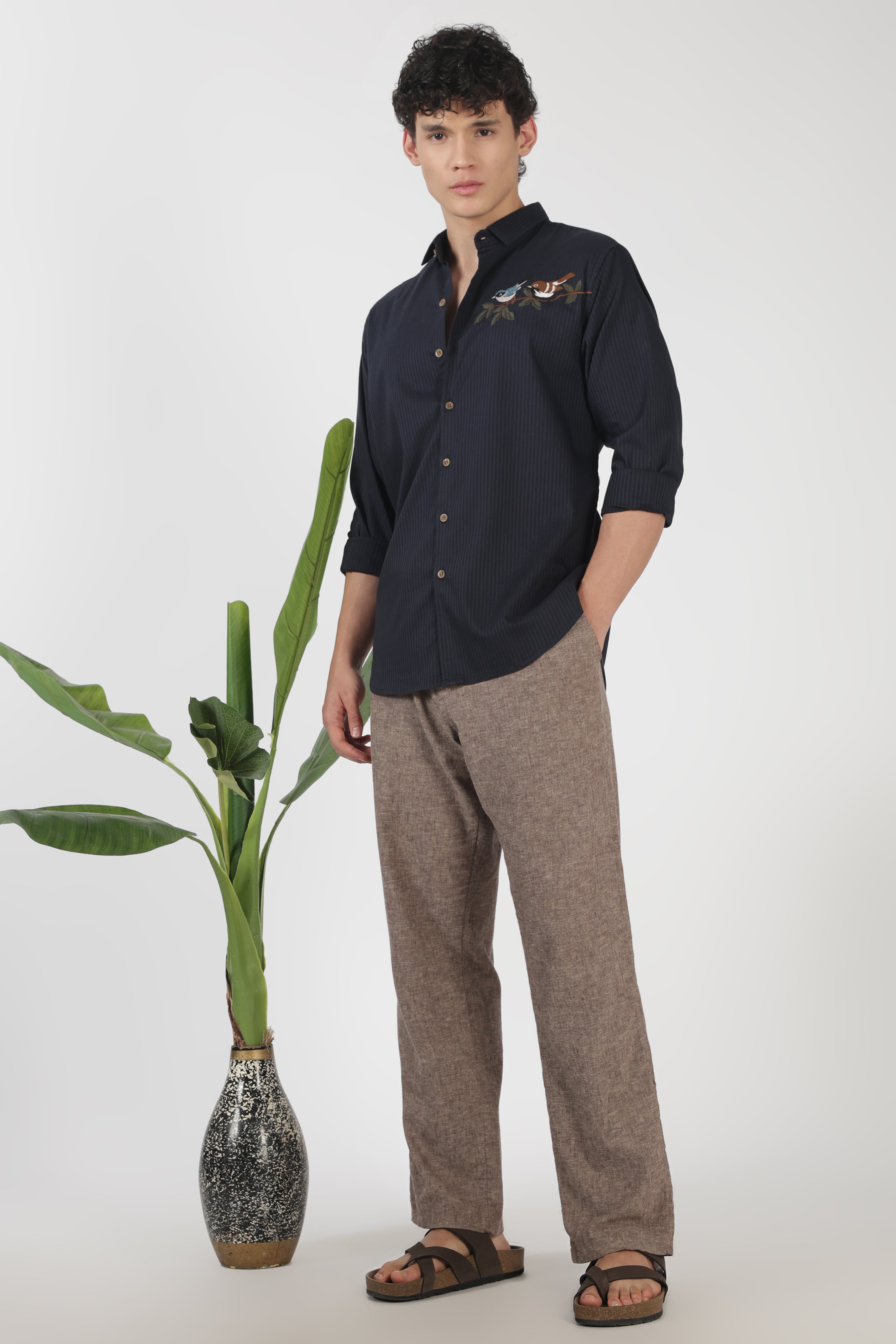 Songbird Perch Cotton Regular Fit Navy Striped Embroidered Shirt
