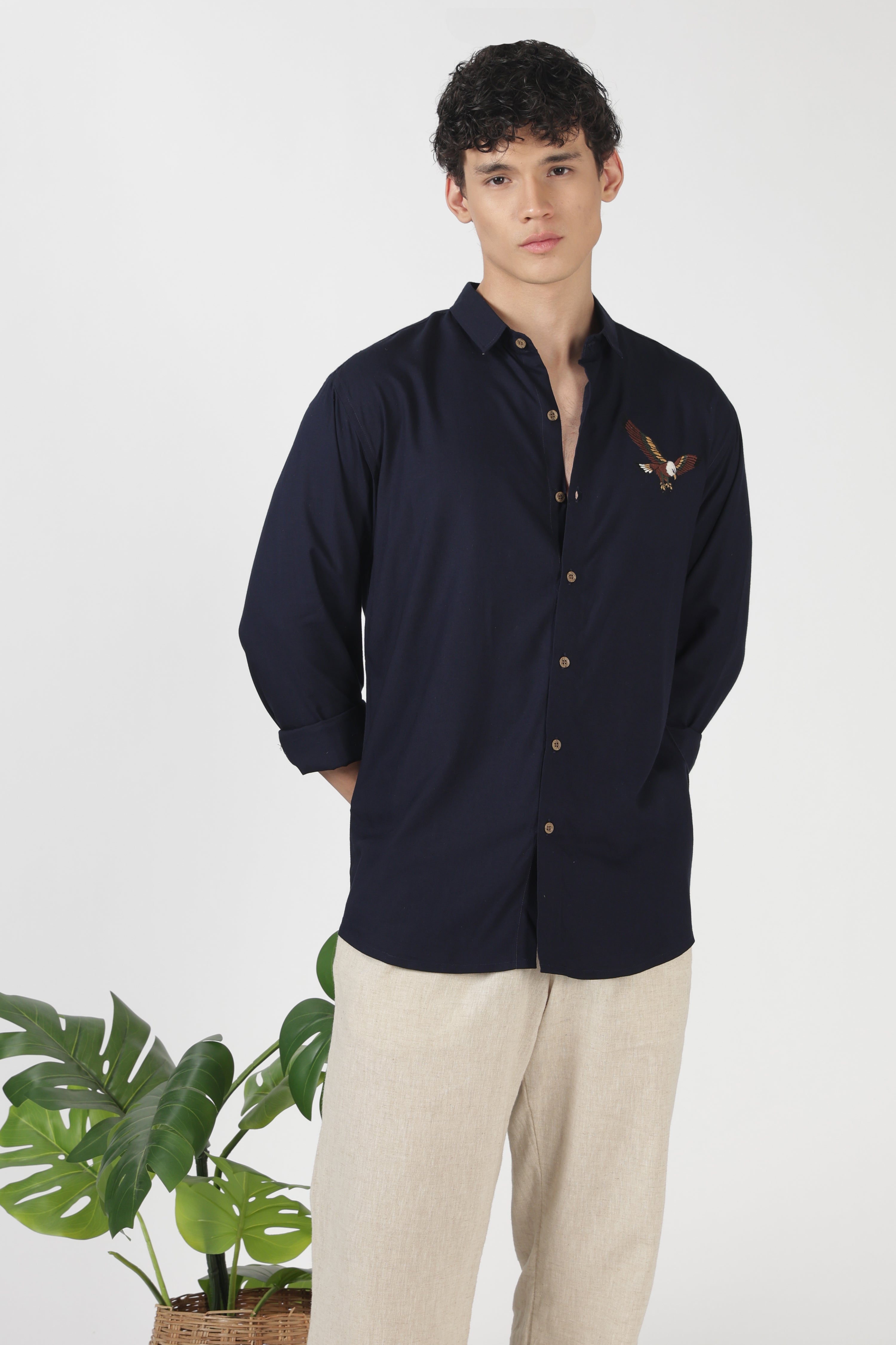 Striking Eagle Cotton Regular Fit Blue Embroidered Shirt