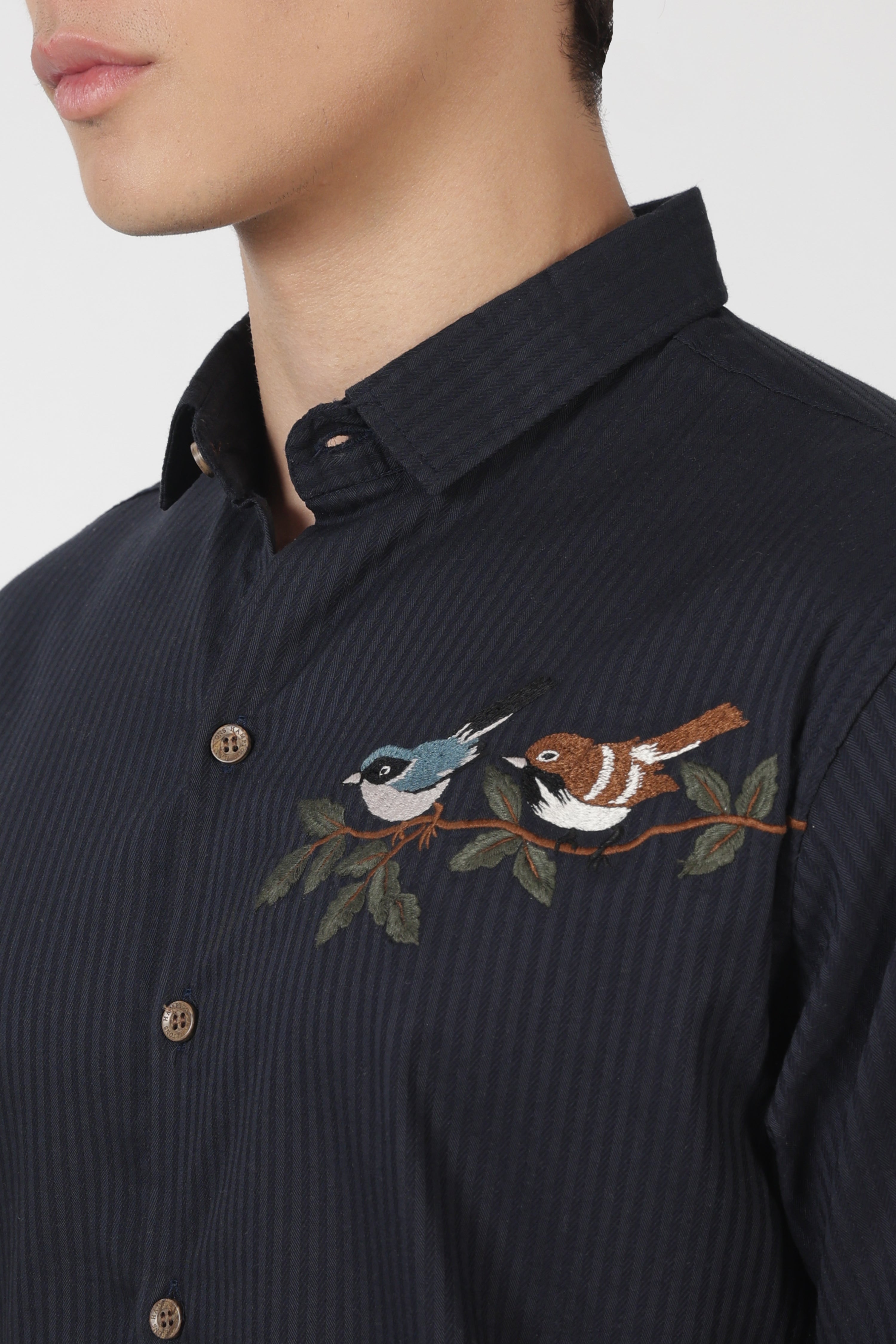 Songbird Perch Cotton Regular Fit Navy Striped Embroidered Shirt