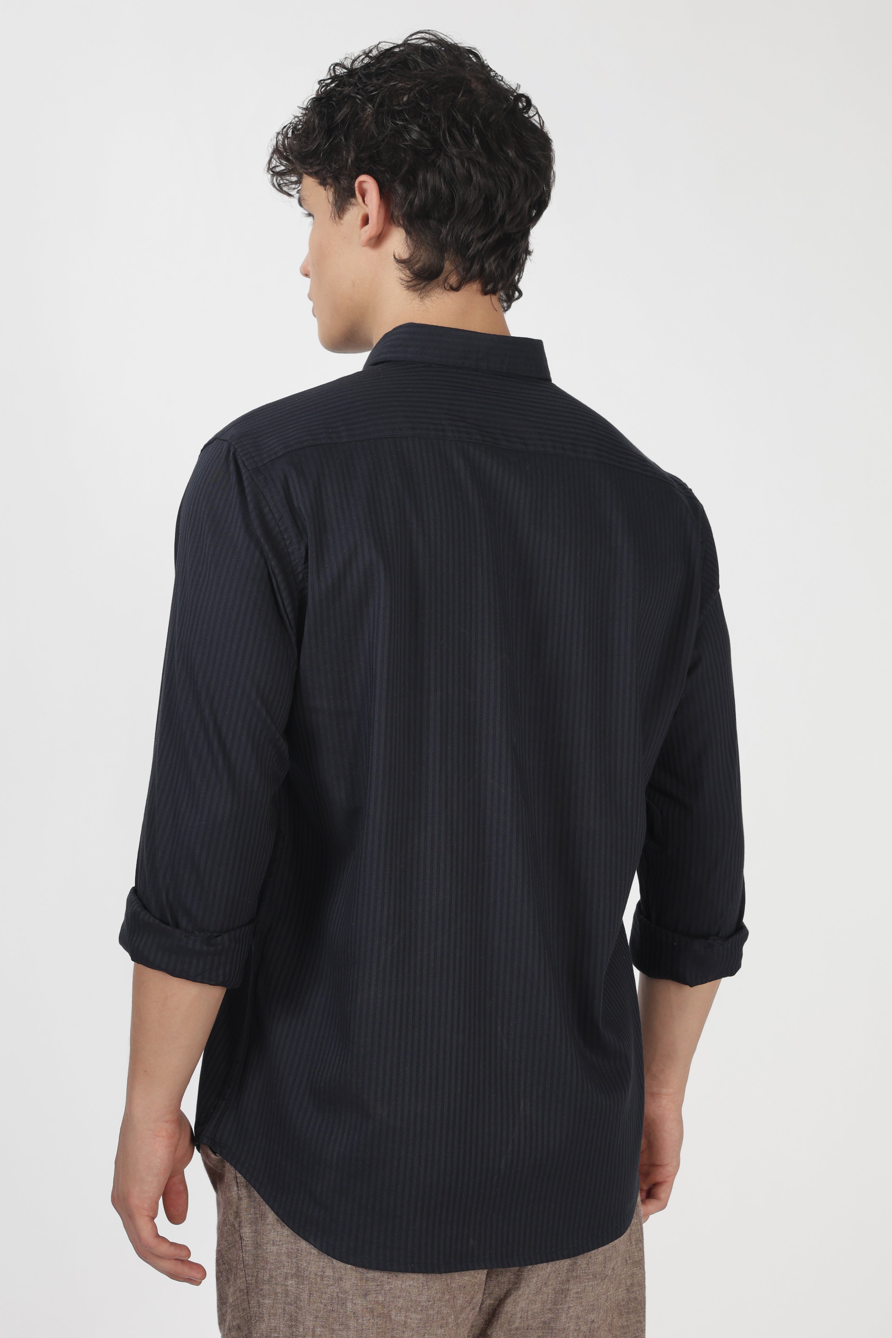 Songbird Perch Cotton Regular Fit Navy Striped Embroidered Shirt