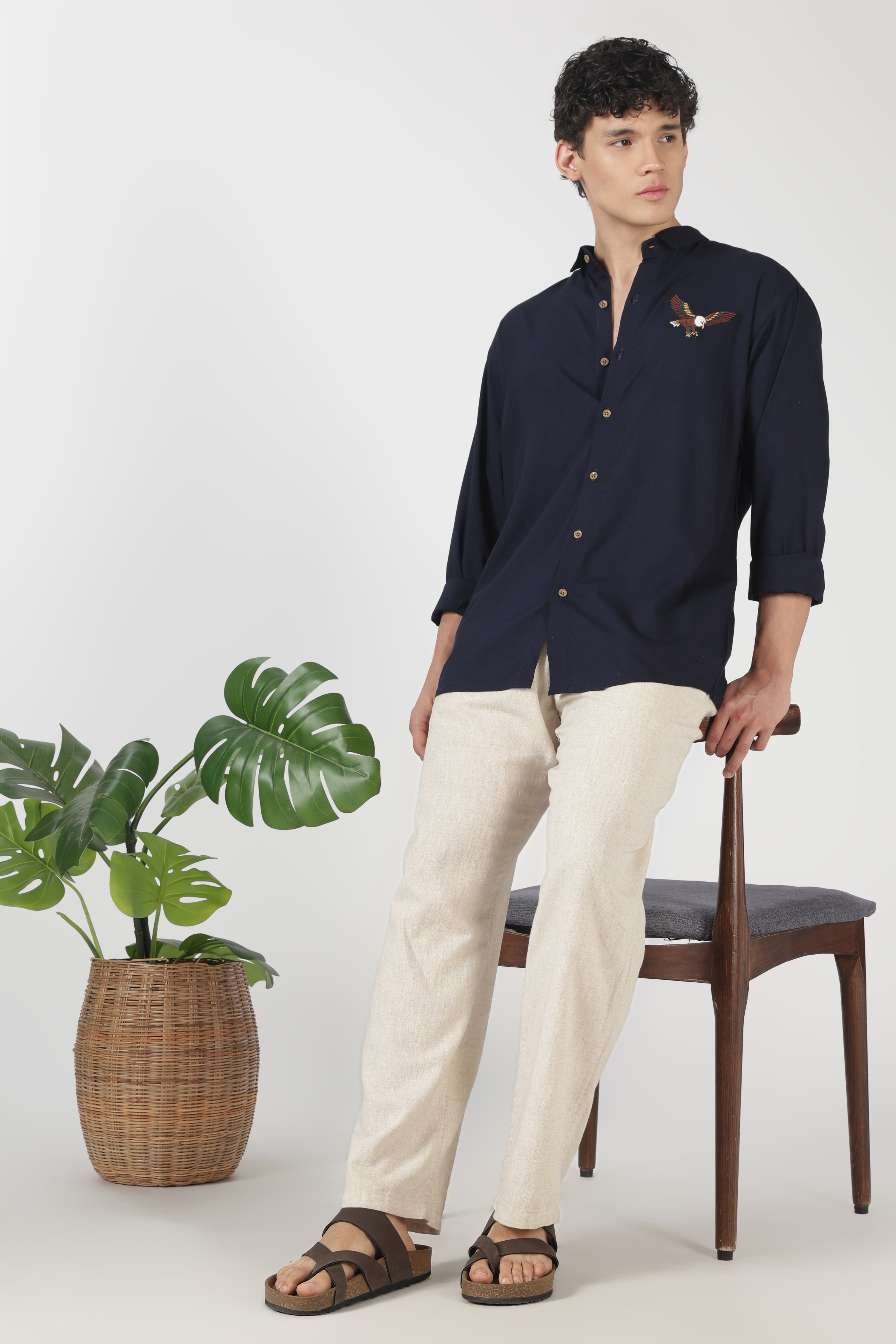 Striking Eagle Cotton Regular Fit Blue Embroidered Shirt