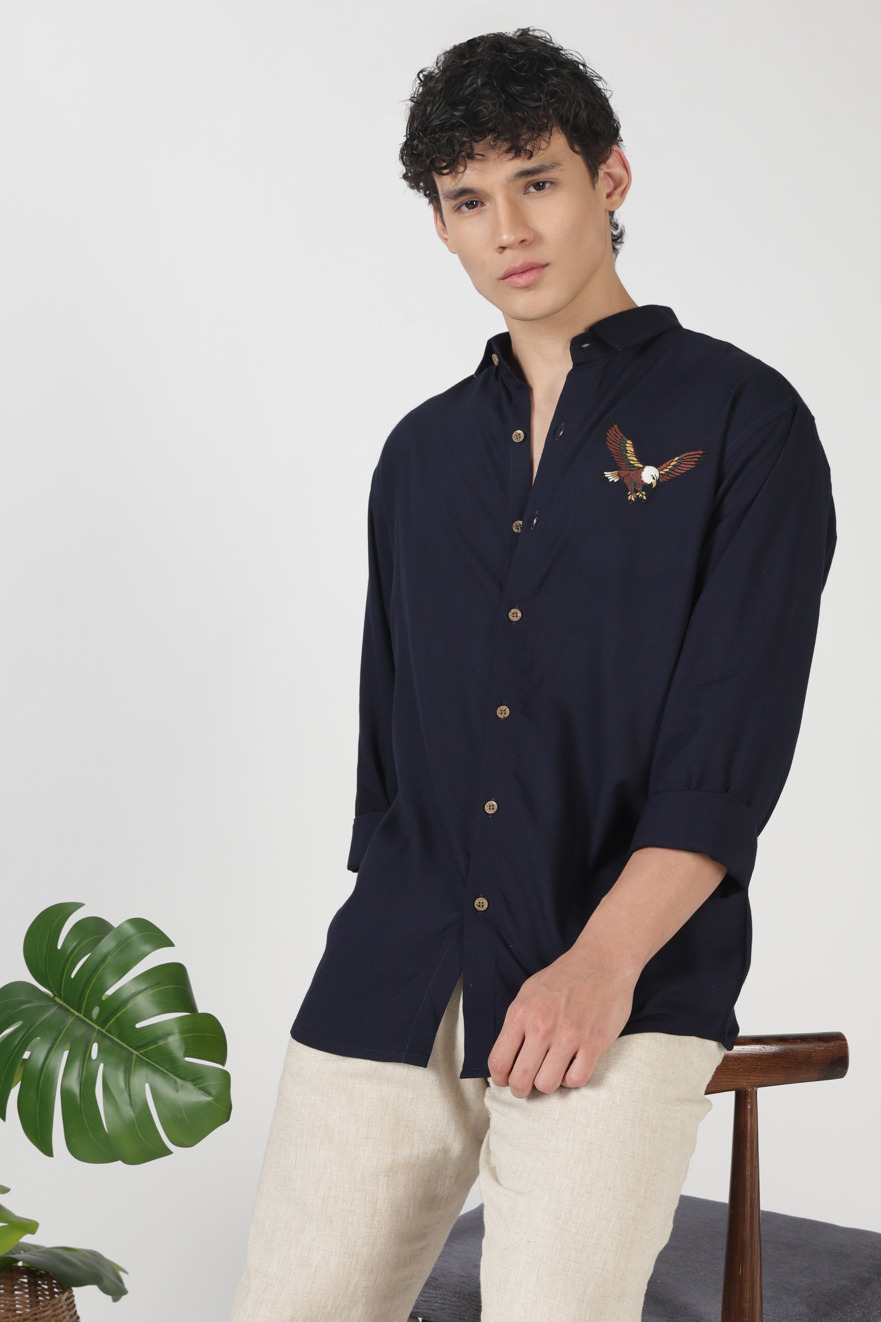 Striking Eagle Cotton Regular Fit Blue Embroidered Shirt