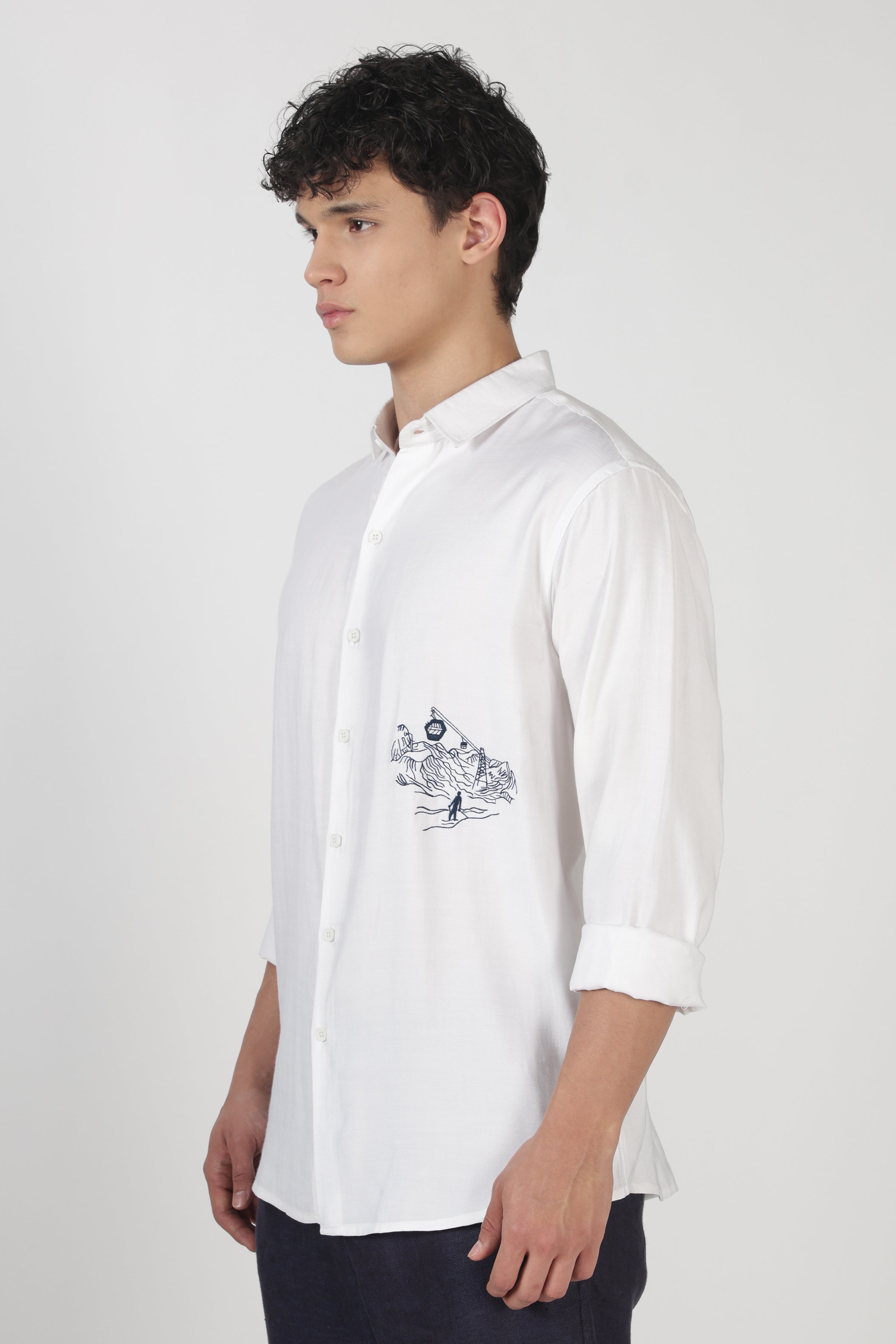 Mountain Line Art 100% Cotton Regular Fit White Embroidered Shirt