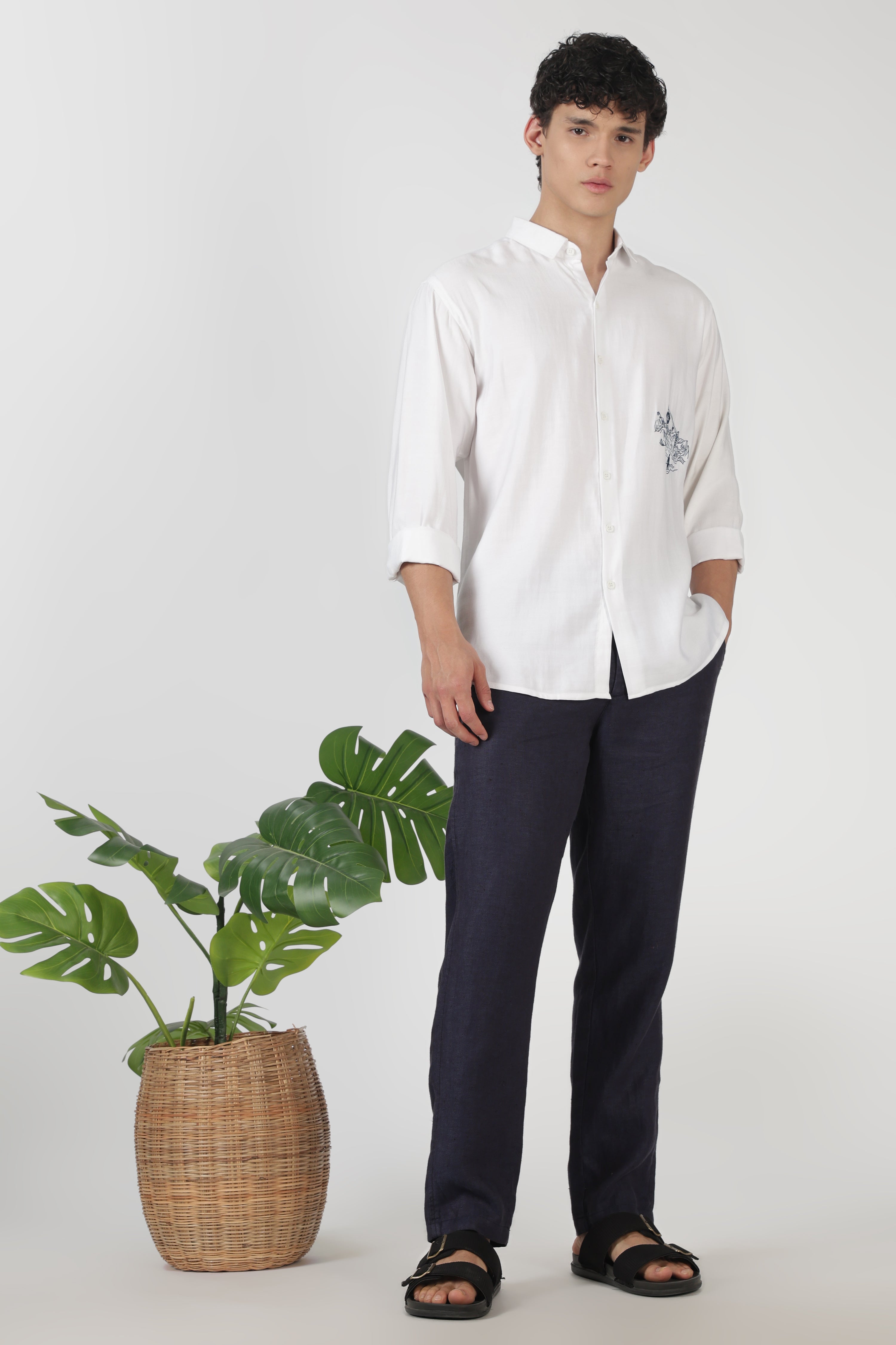 Mountain Line Art 100% Cotton Regular Fit White Embroidered Shirt