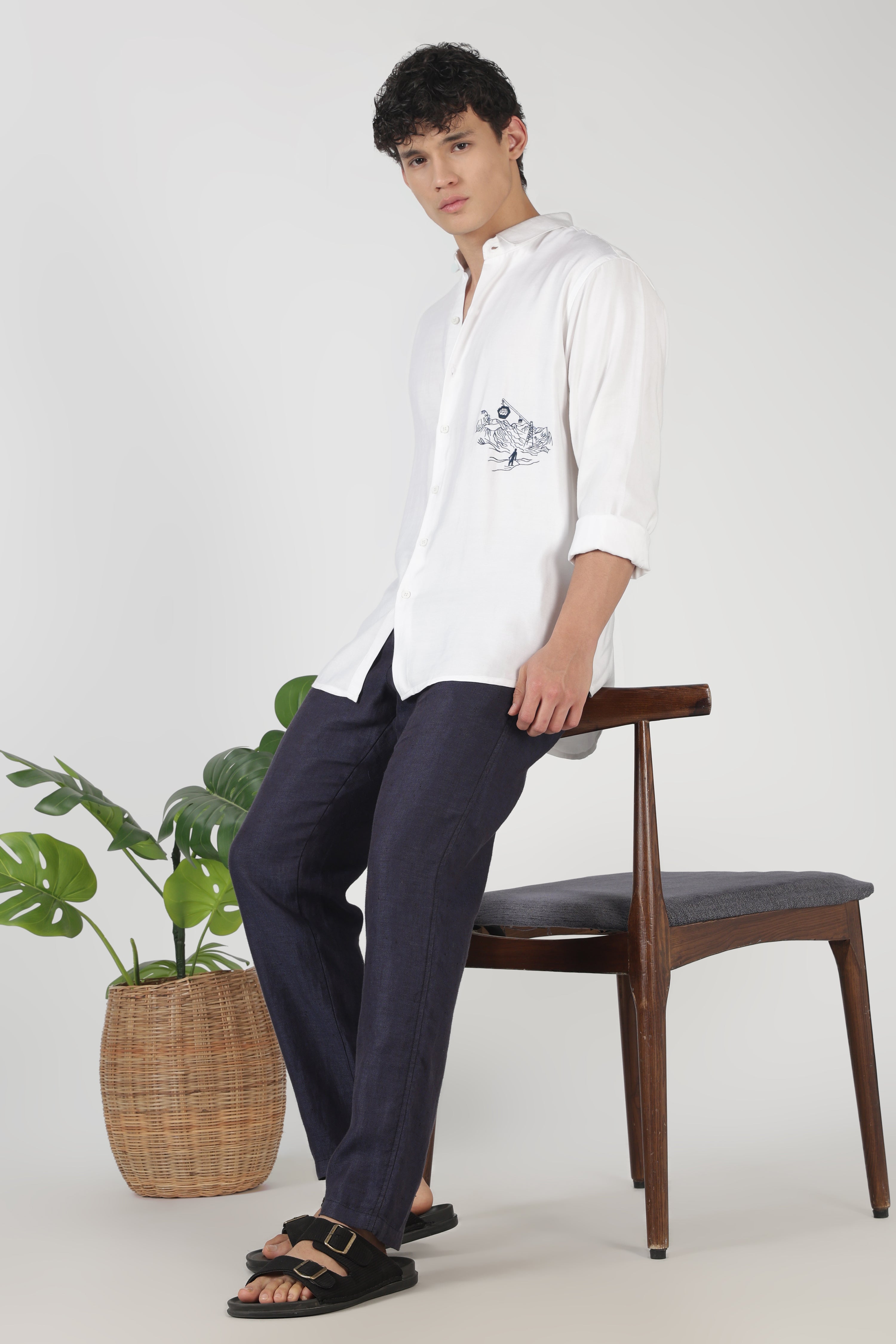 Mountain Line Art 100% Cotton Regular Fit White Embroidered Shirt