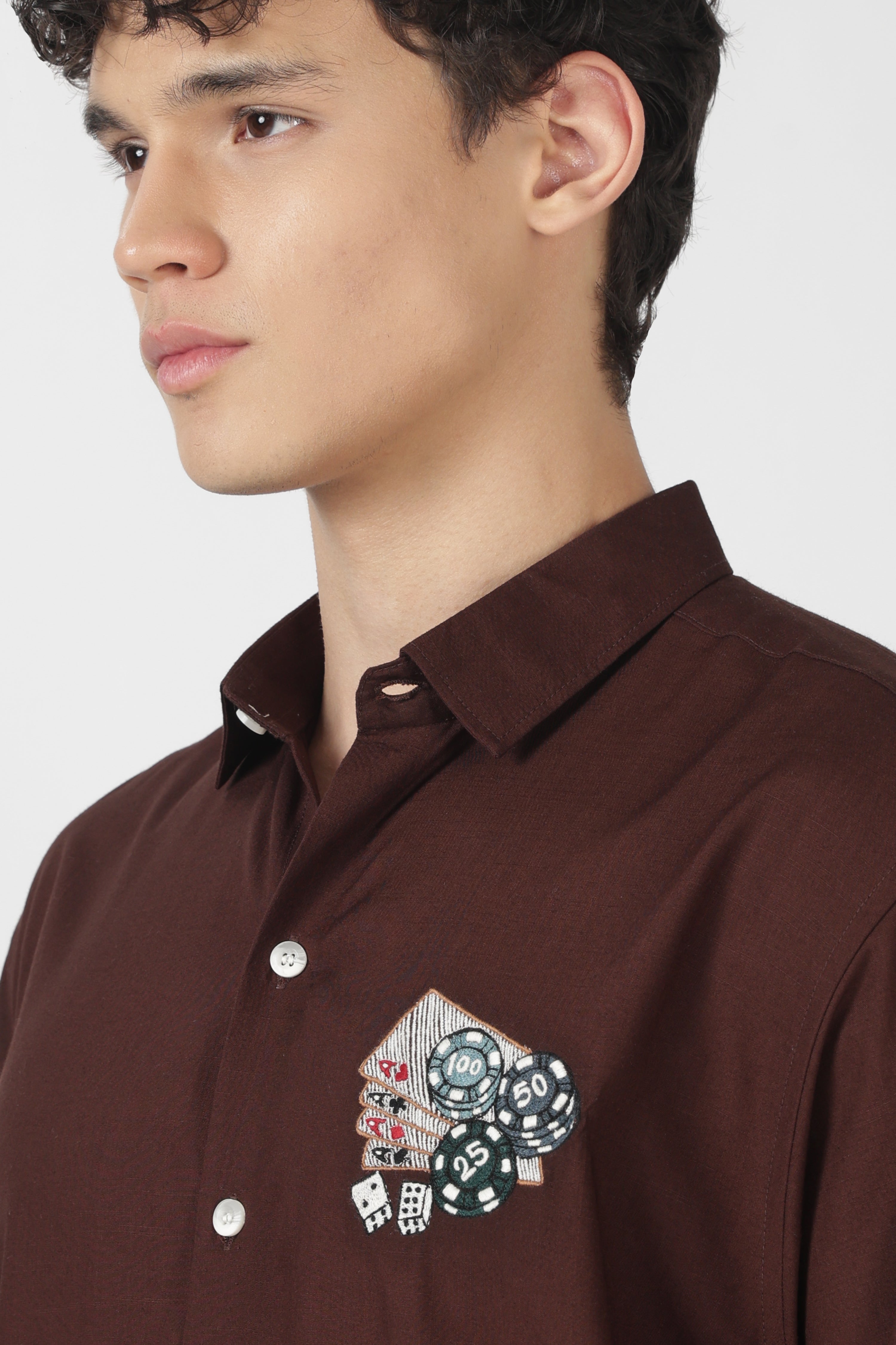 Casino Poker Cotton Regular Fit Chocolate Brown Embroidered Shirt