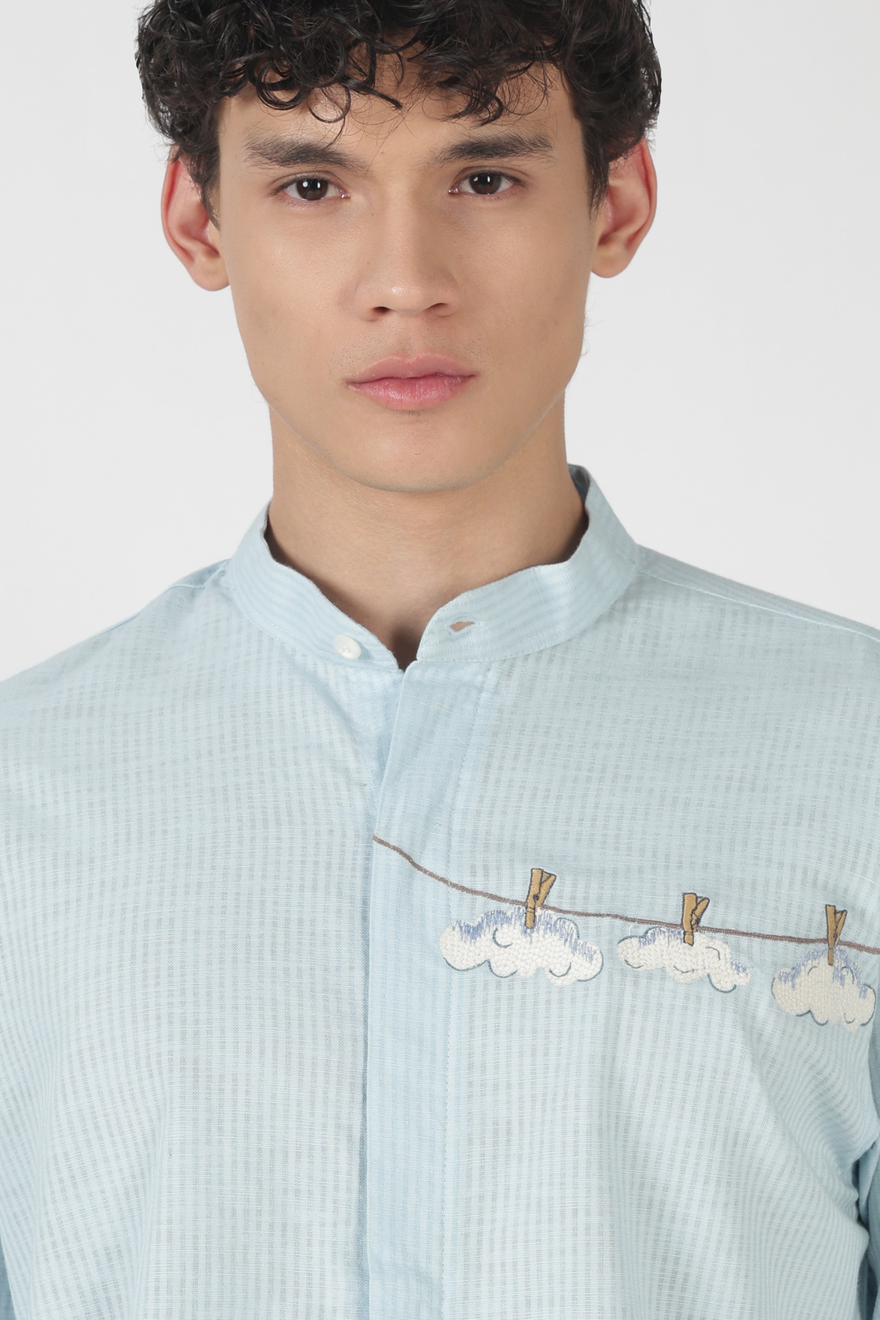 Cloudline Cotton Regular Fit Sky Blue Embroidered Shirt