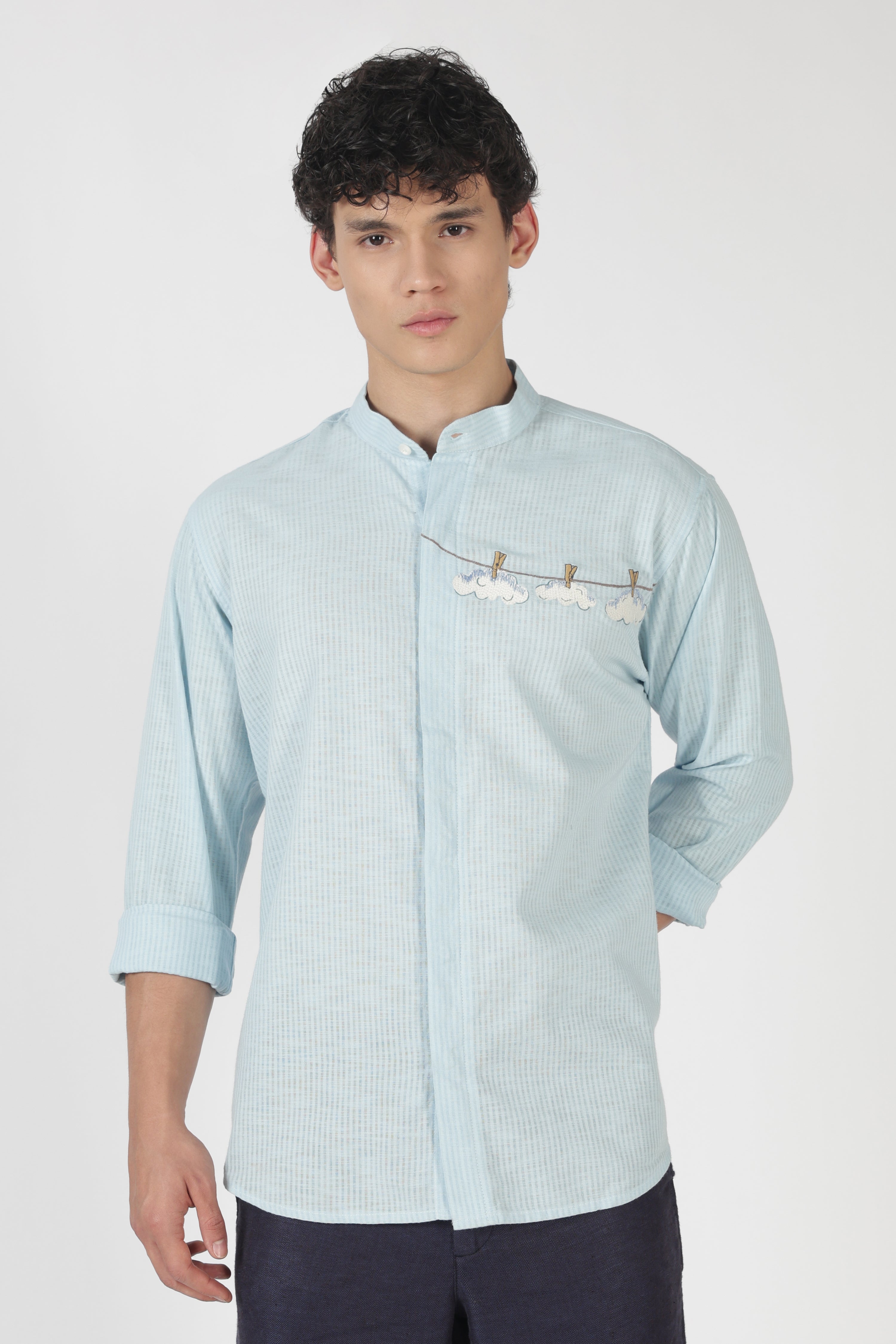 Cloudline Cotton Regular Fit Sky Blue Embroidered Shirt