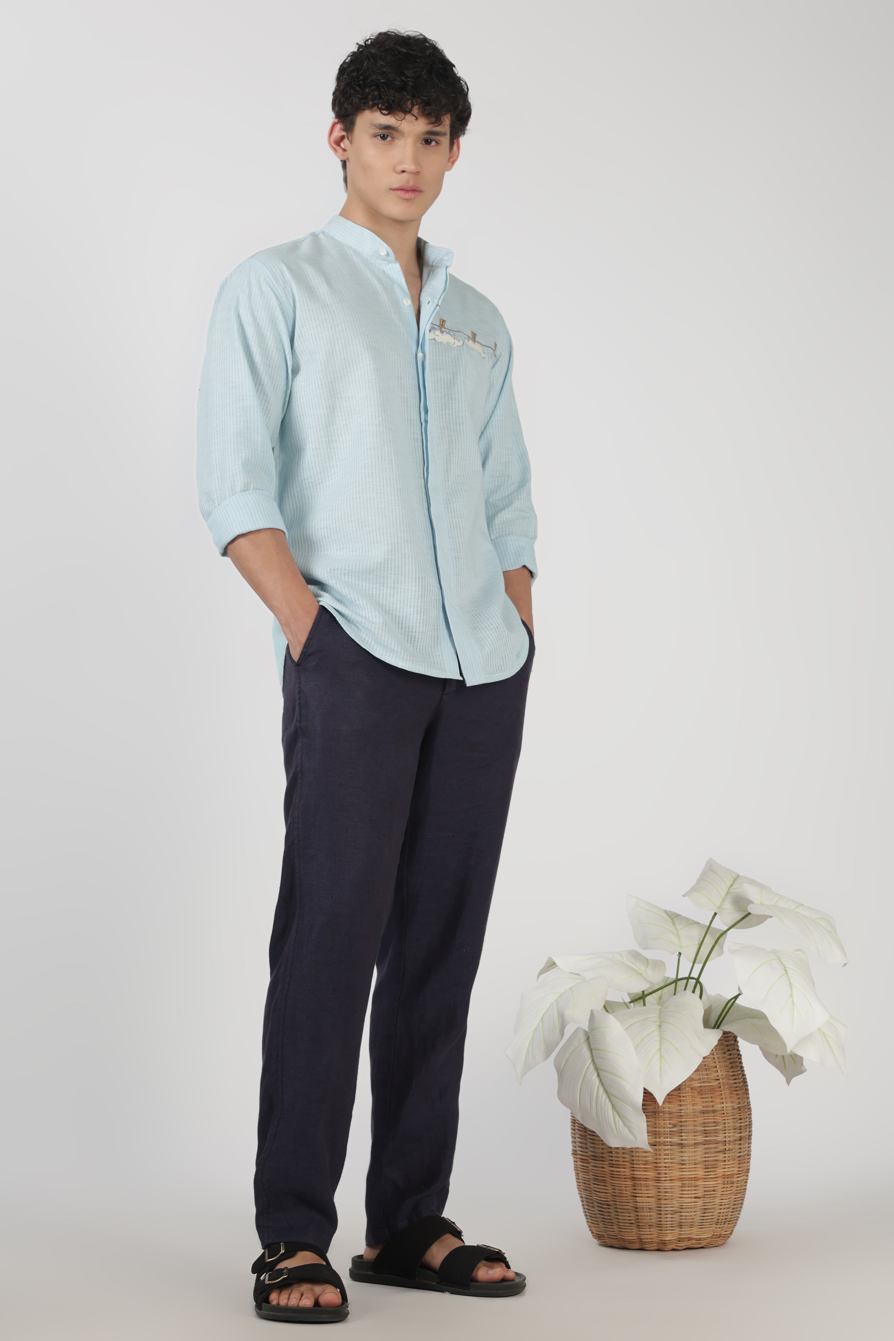 Cloudline Cotton Regular Fit Sky Blue Embroidered Shirt