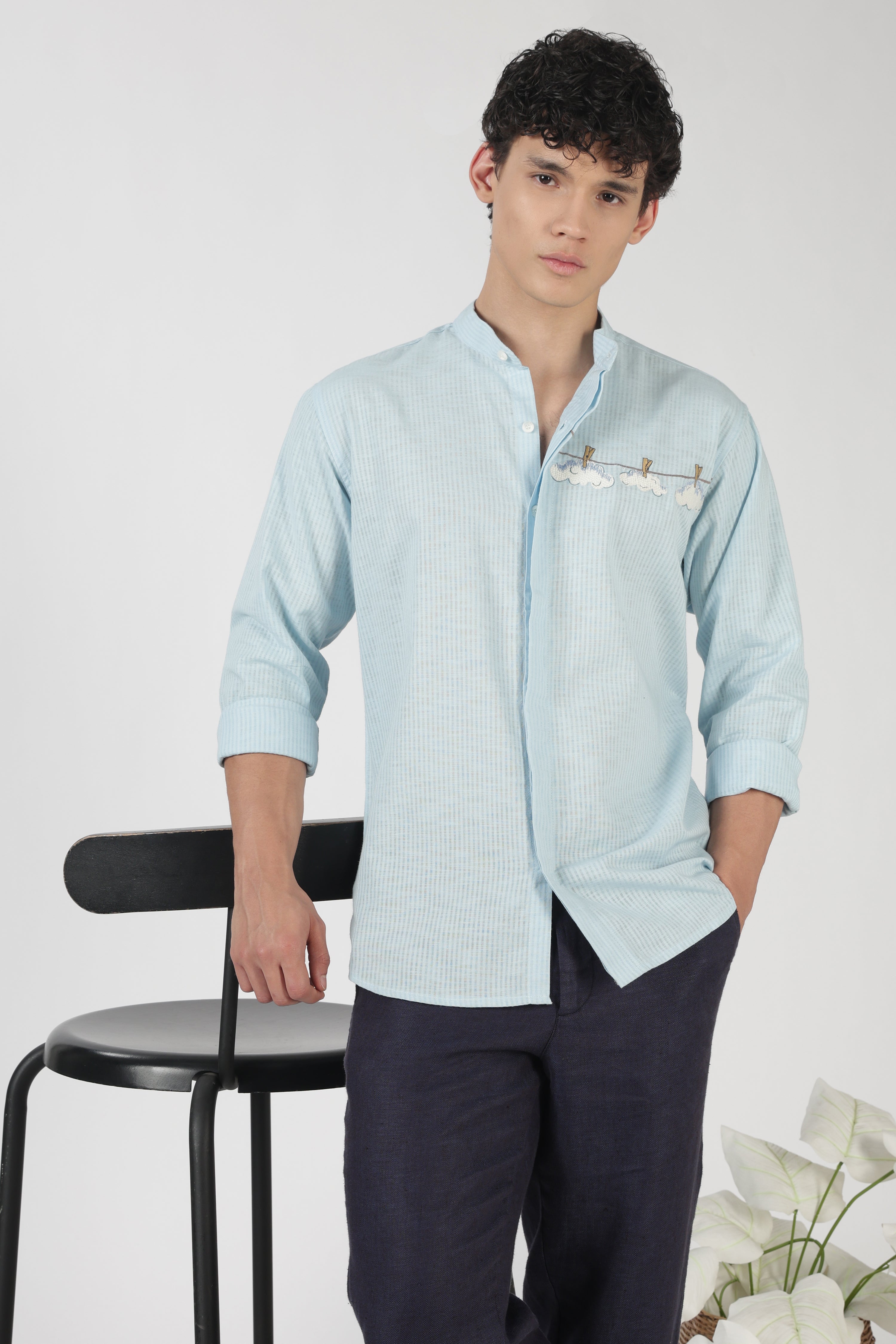 Cloudline Cotton Regular Fit Sky Blue Embroidered Shirt