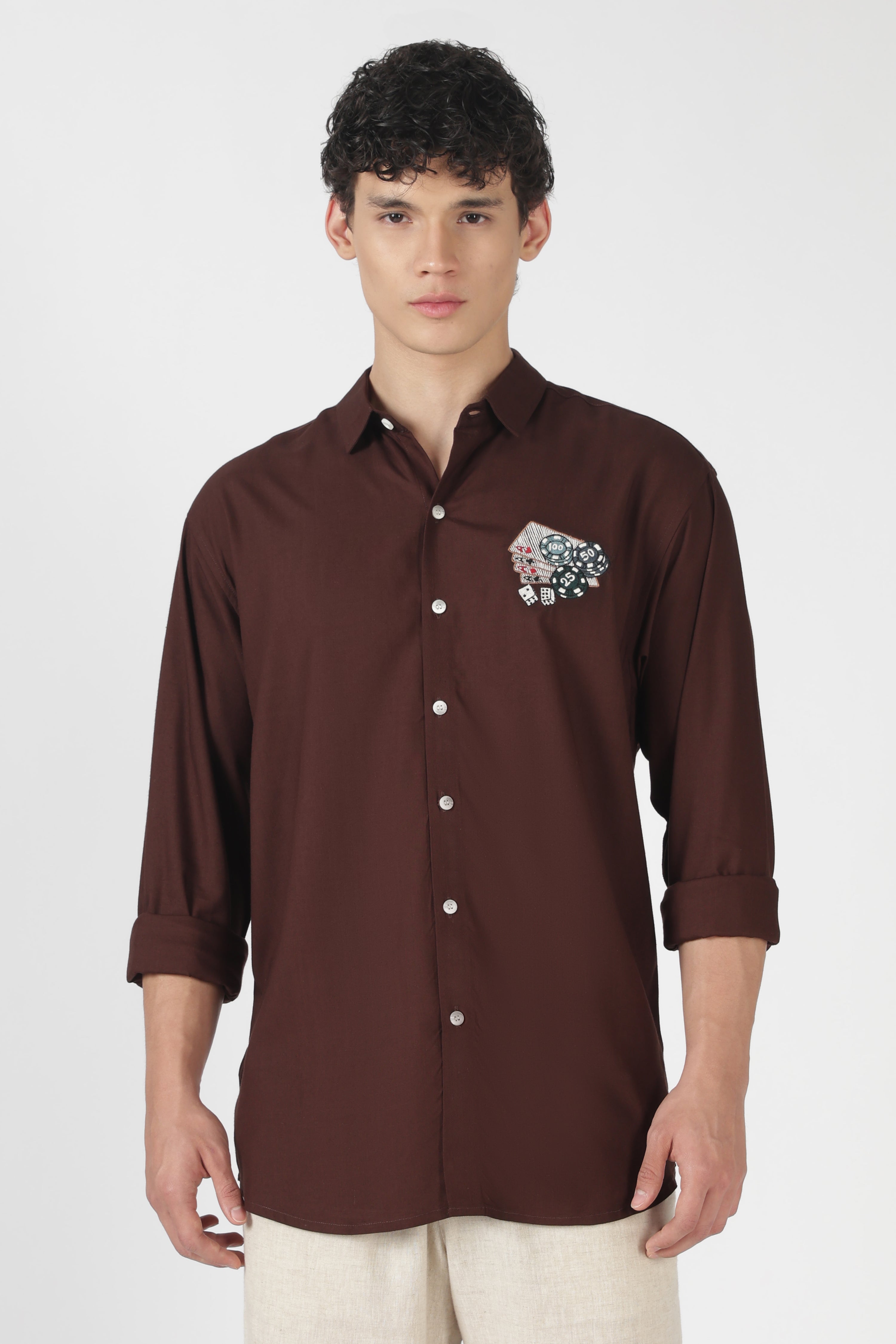 Casino Poker Cotton Regular Fit Chocolate Brown Embroidered Shirt