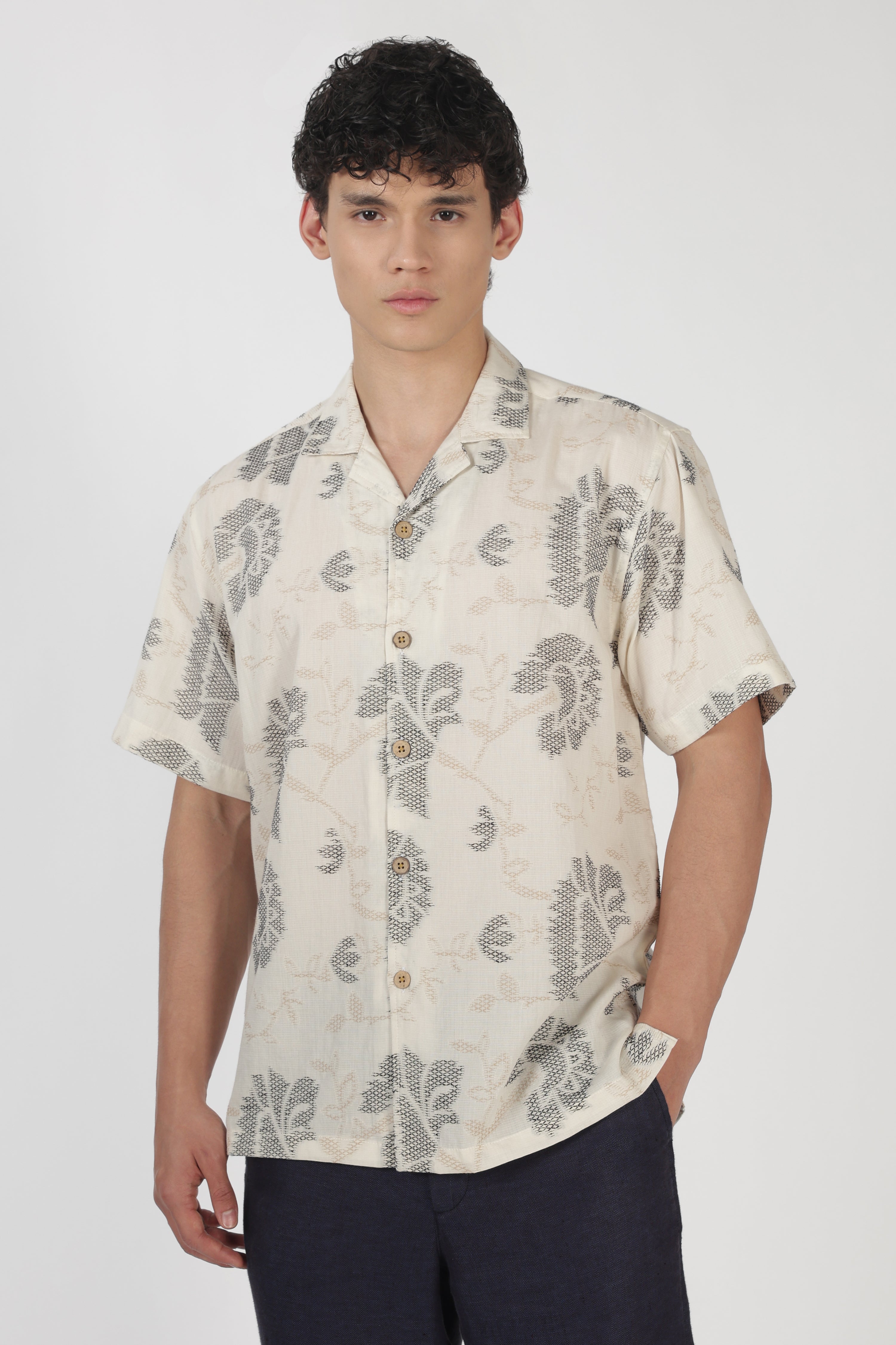 Desert Paisley Cotton Box Fit Beige Embroidered Shirt