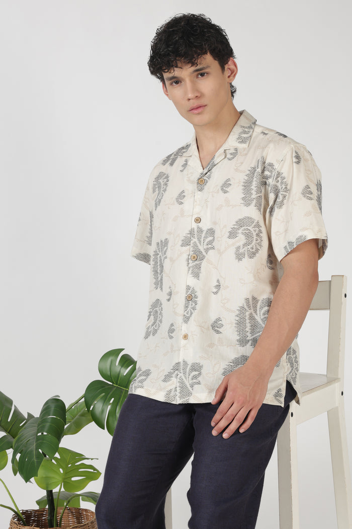Desert Paisley Cotton Box Fit Beige Embroidered Shirt
