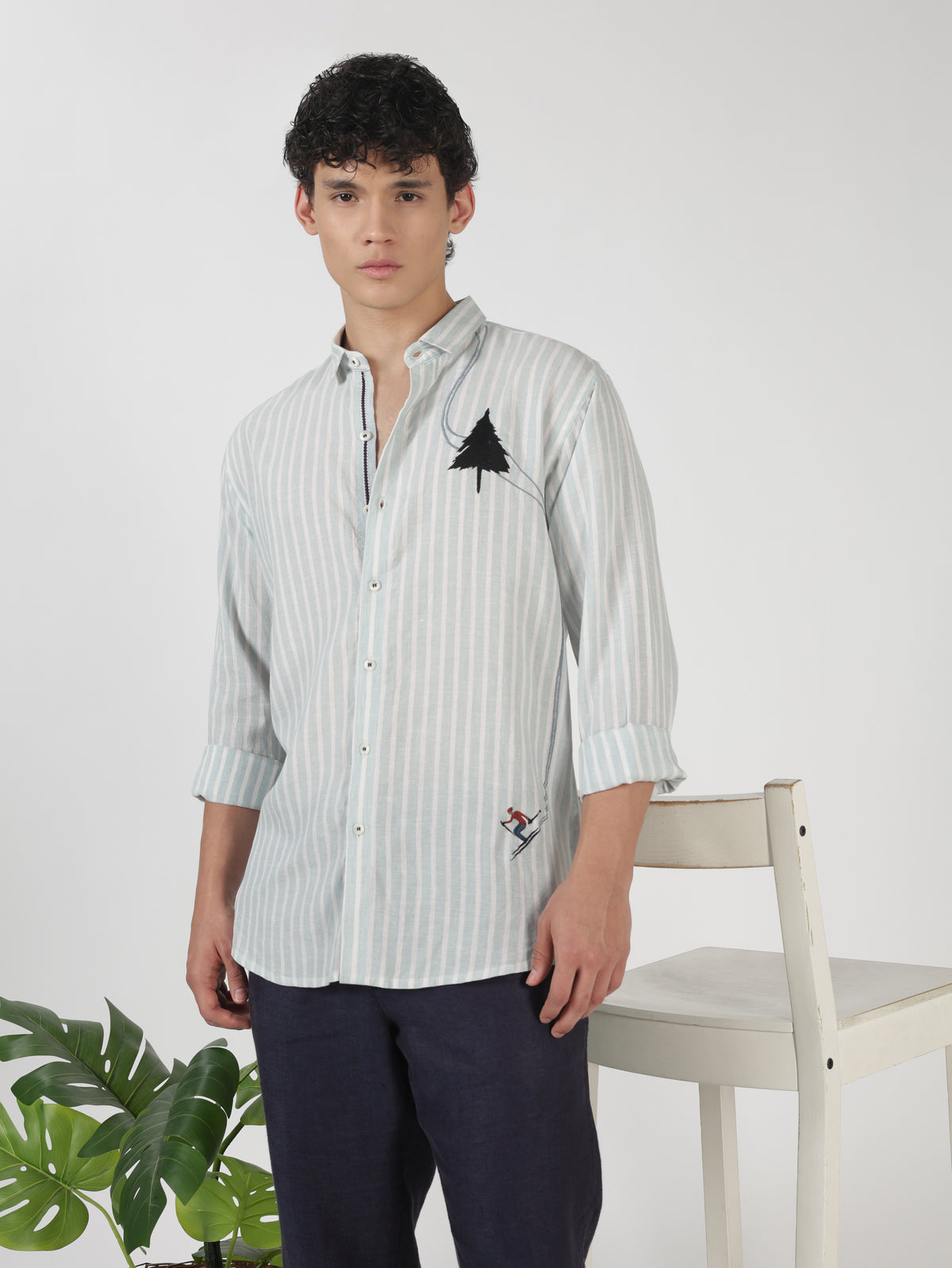 The Alpine Skiing Story 100% Cotton Regular Fit Ice Blue Striped Shirt