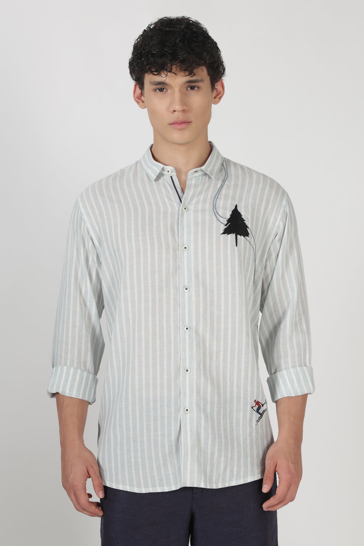 The Alpine Skiing Story 100% Cotton Regular Fit Ice Blue Striped Shirt